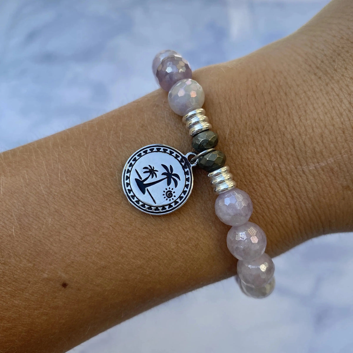 Mauve Jade Stone Bracelet with Palm Tree Sterling Silver Charm