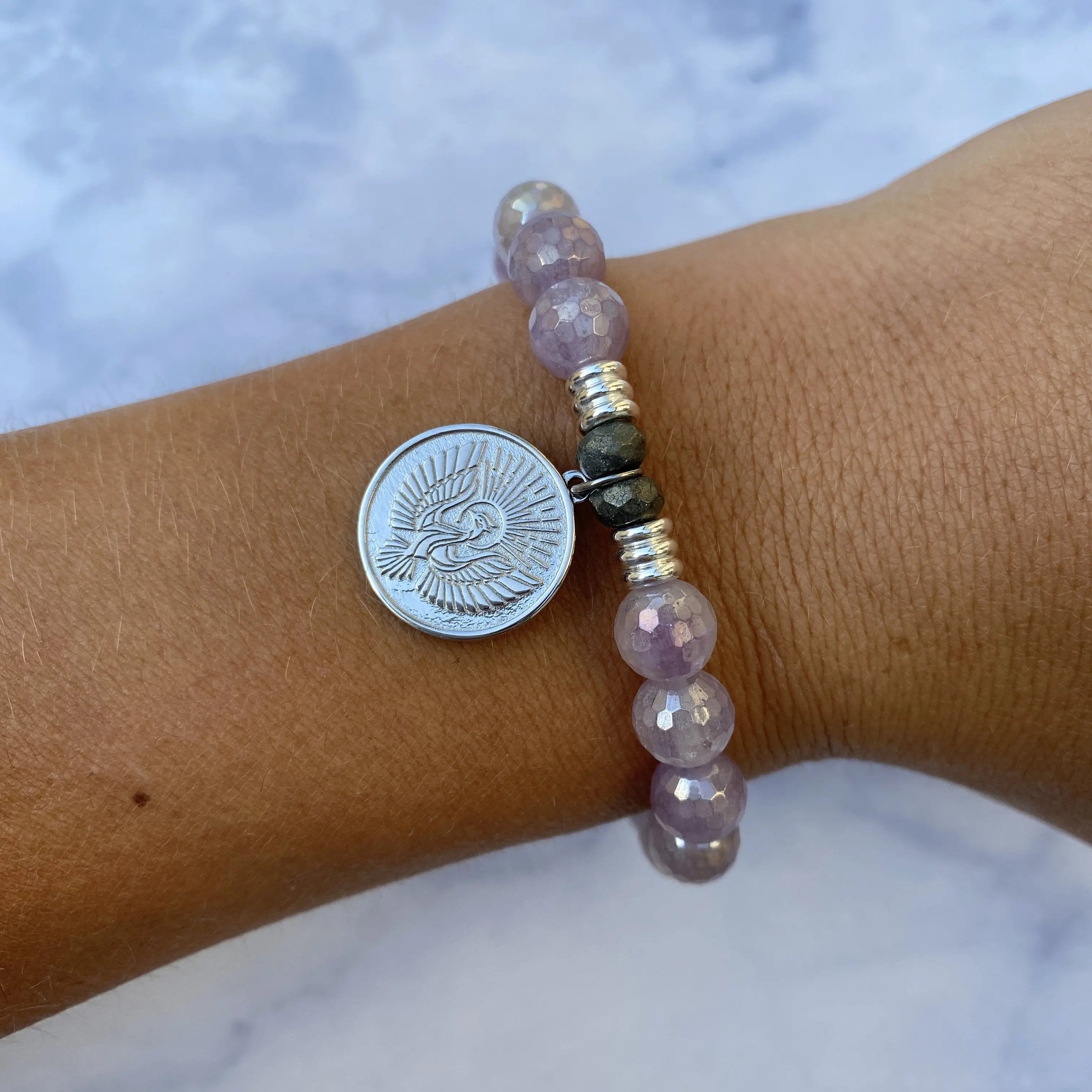 Mauve Jade Stone Bracelet with Phoenix Sterling Silver Charm