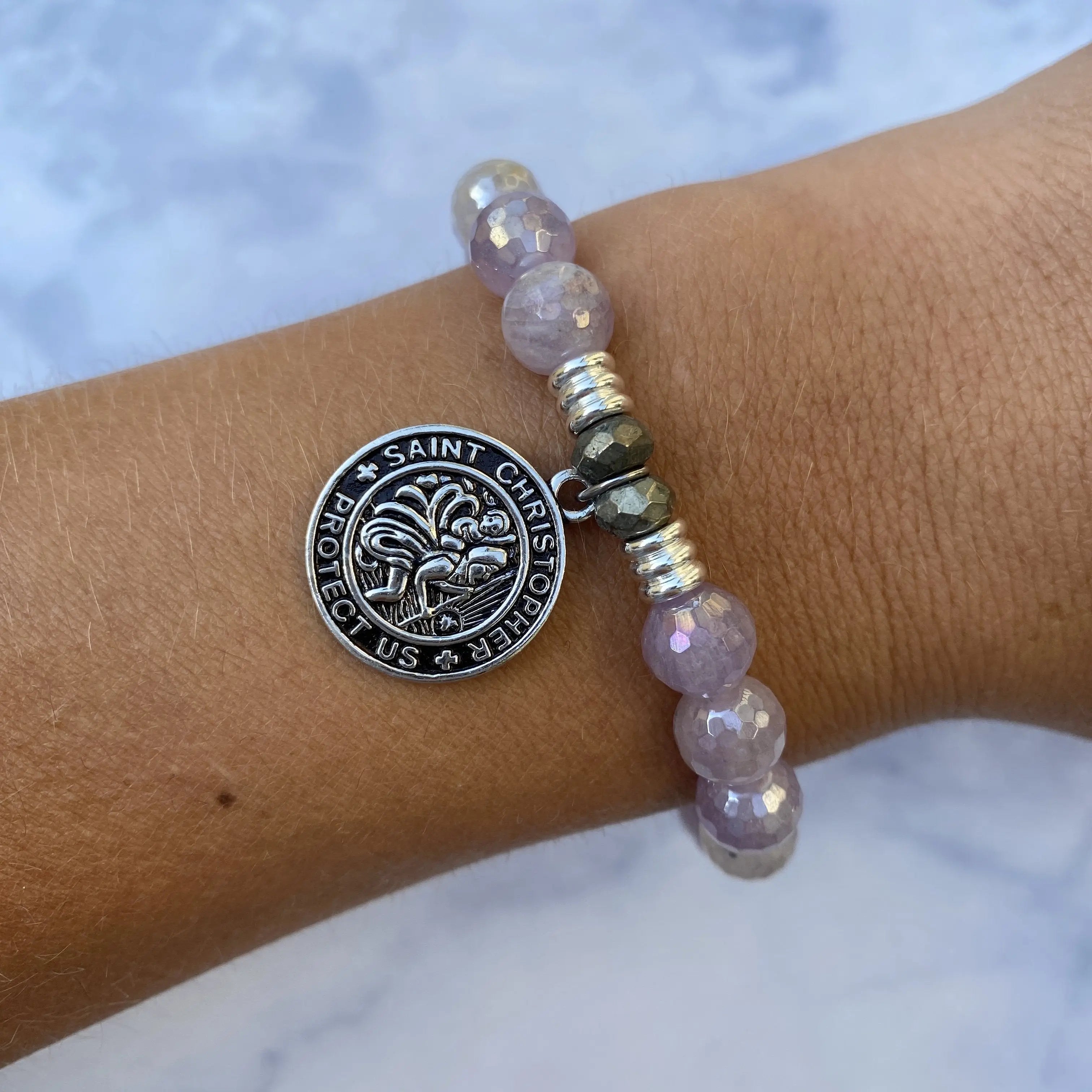 Mauve Jade Stone Bracelet with St. Christopher Sterling Silver Charm
