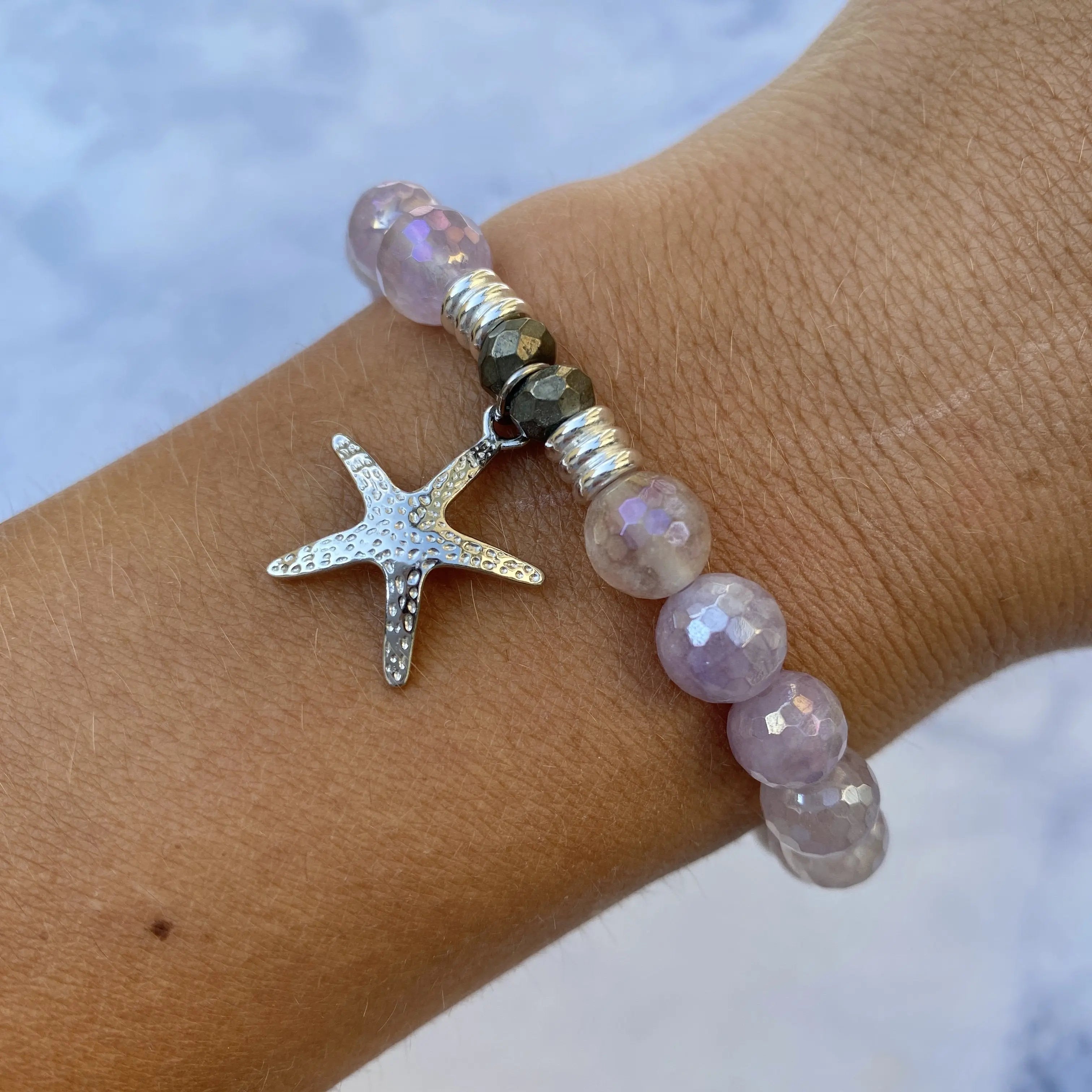 Mauve Jade Stone Bracelet with Starfish Sterling Silver Charm