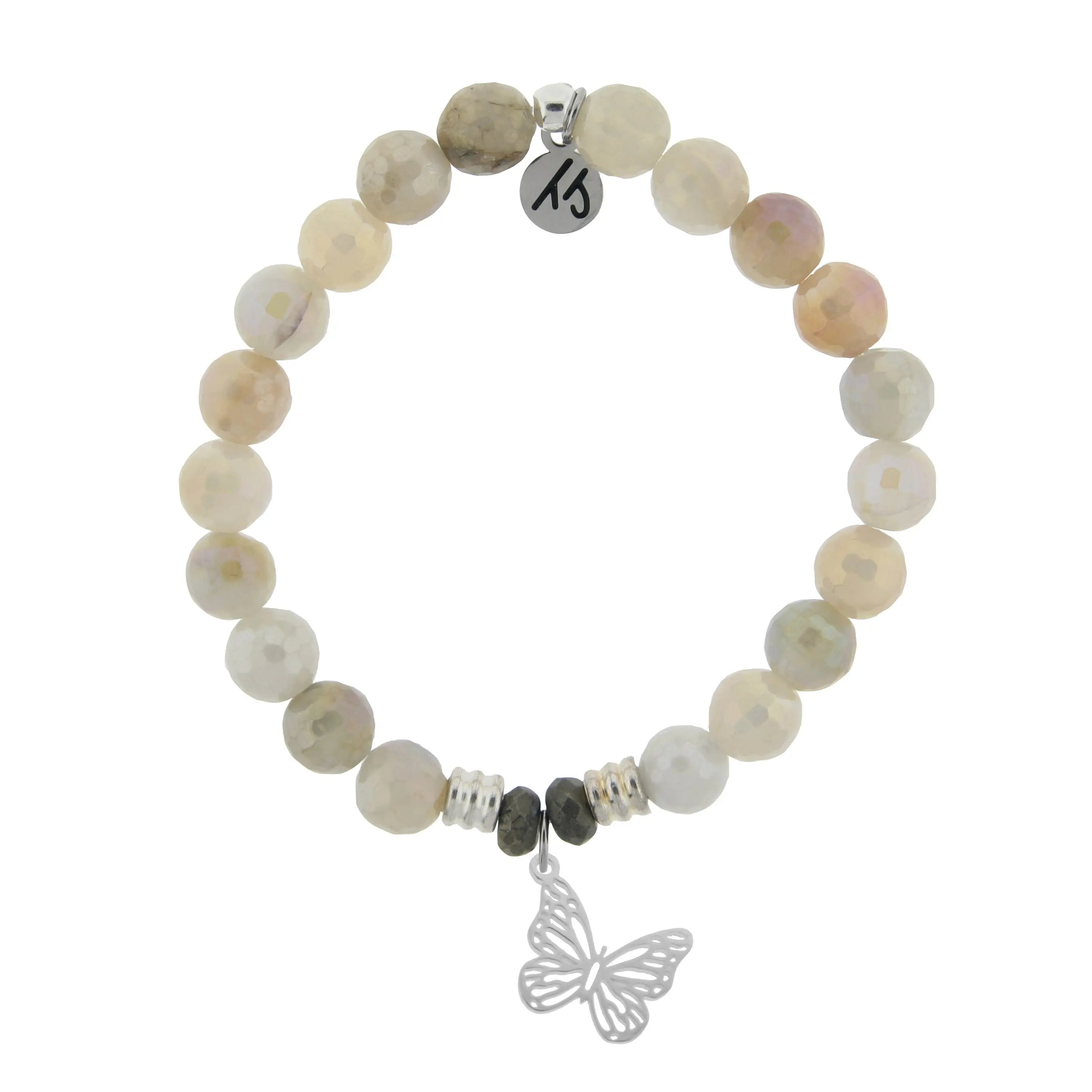 Moonstone Gemstone Bracelet with Butterfly Cutout Sterling Silver Charm T. Jazelle