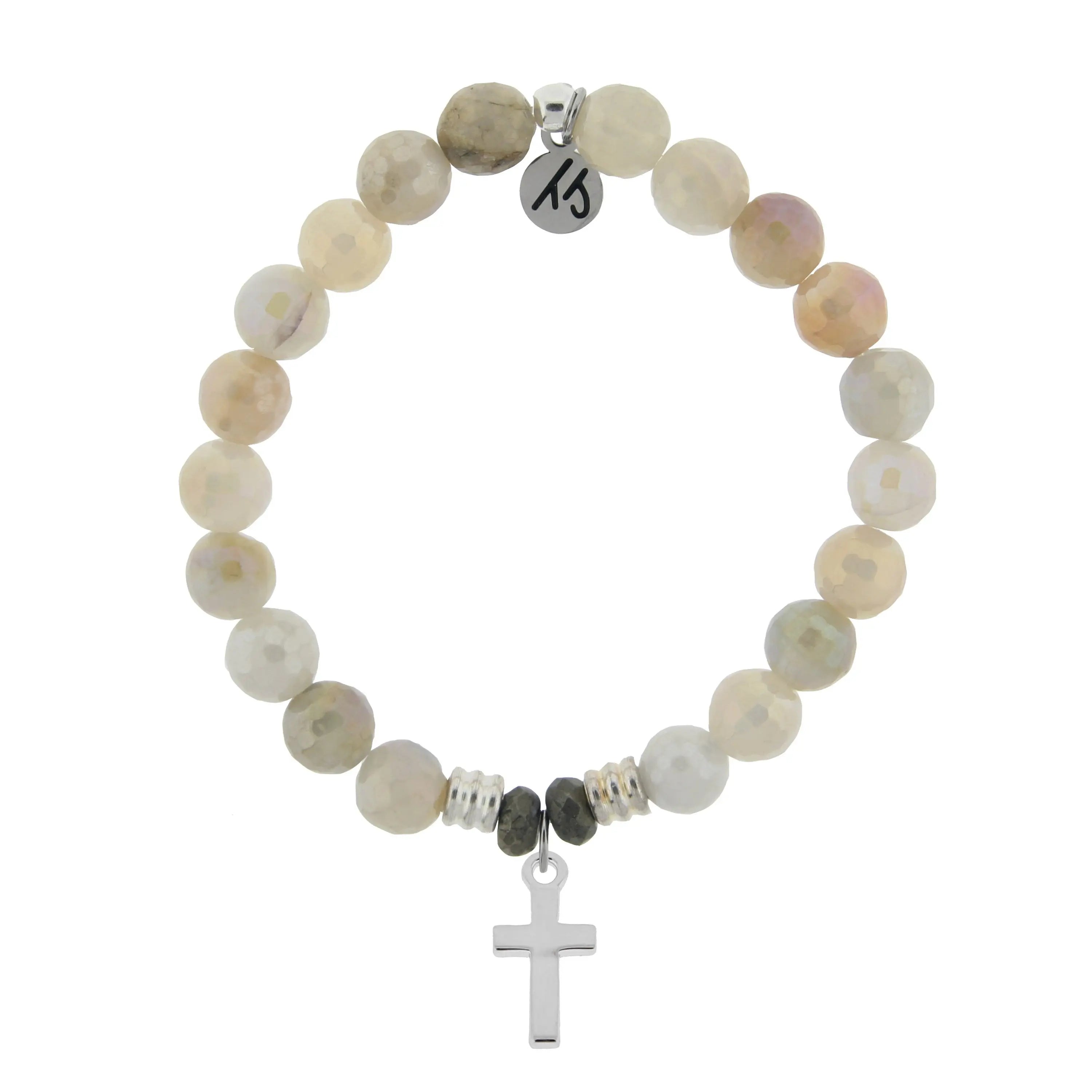 Moonstone Gemstone Bracelet with Cross Sterling Silver Charm T. Jazelle