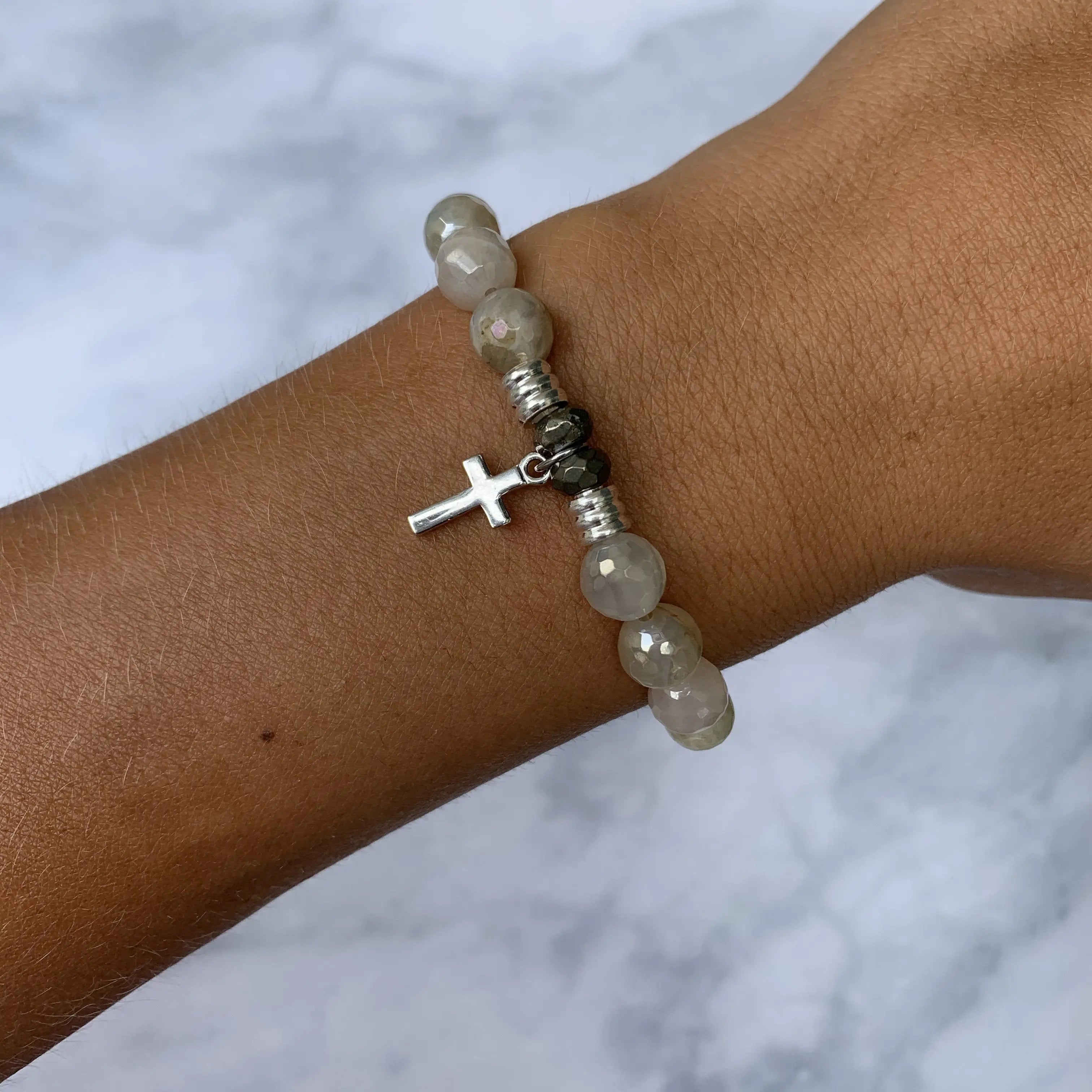 Moonstone Gemstone Bracelet with Cross Sterling Silver Charm T. Jazelle