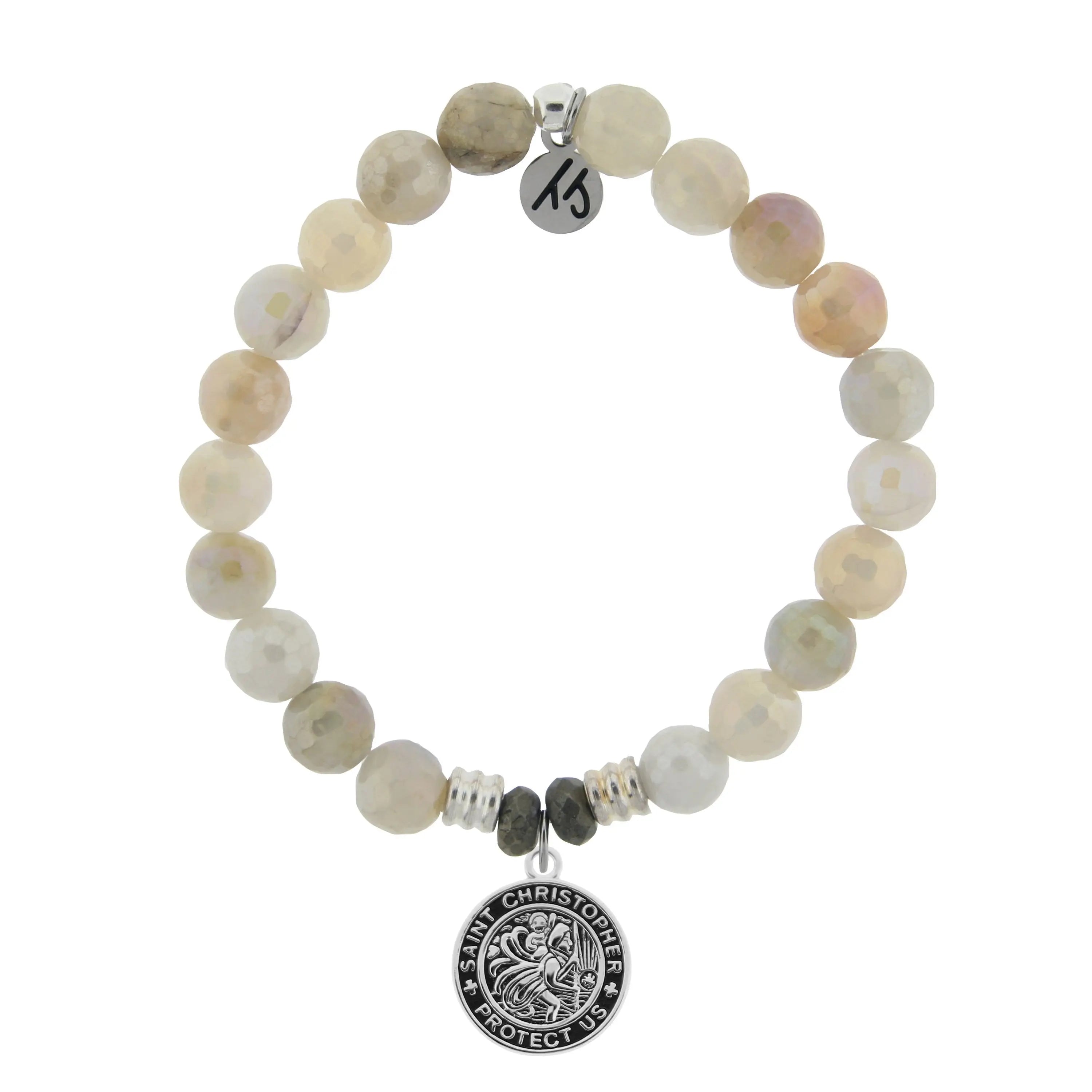 Moonstone Gemstone Bracelet with Saint Christopher Sterling Silver Charm T. Jazelle