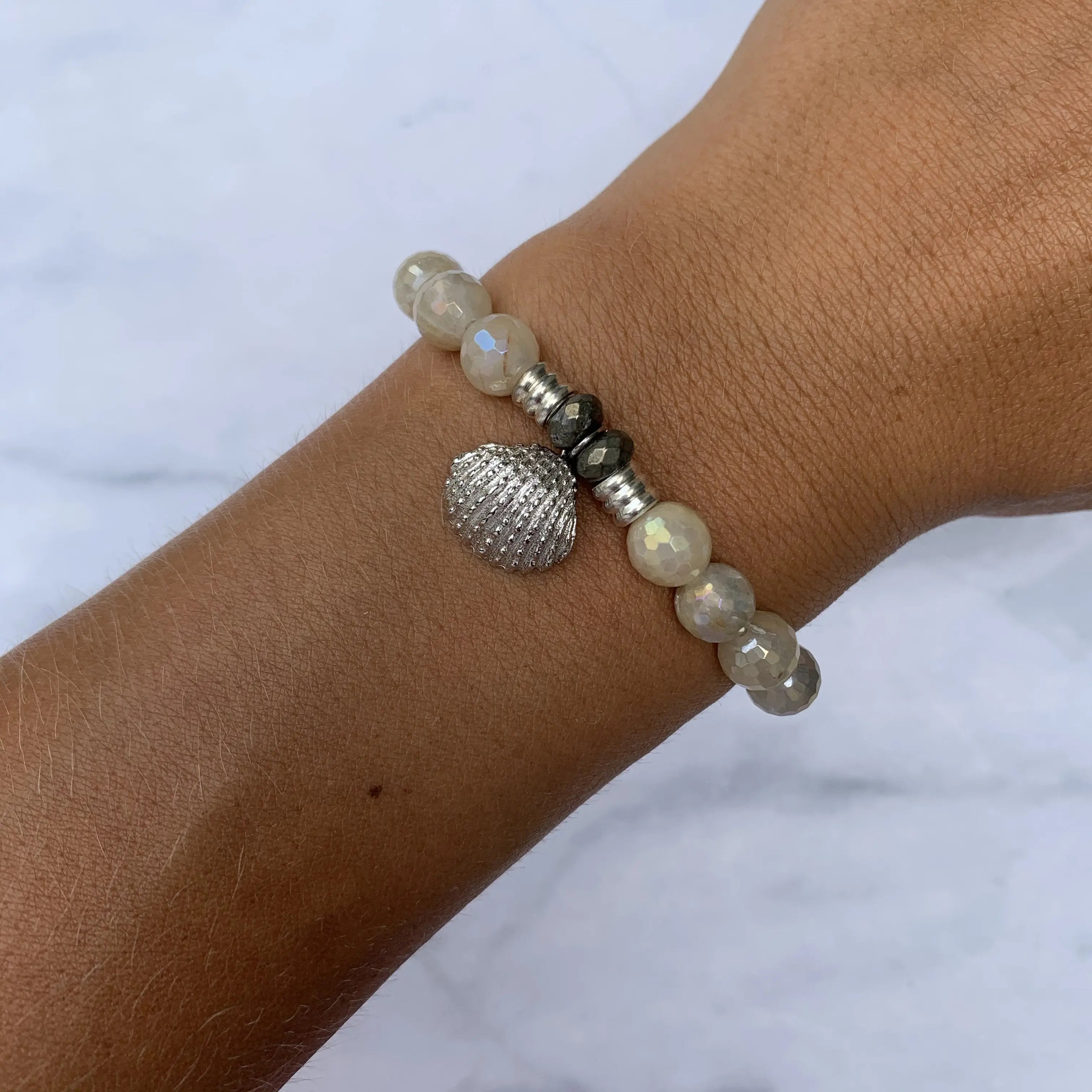 Moonstone Gemstone Bracelet with Seashell Sterling Silver Charm T. Jazelle