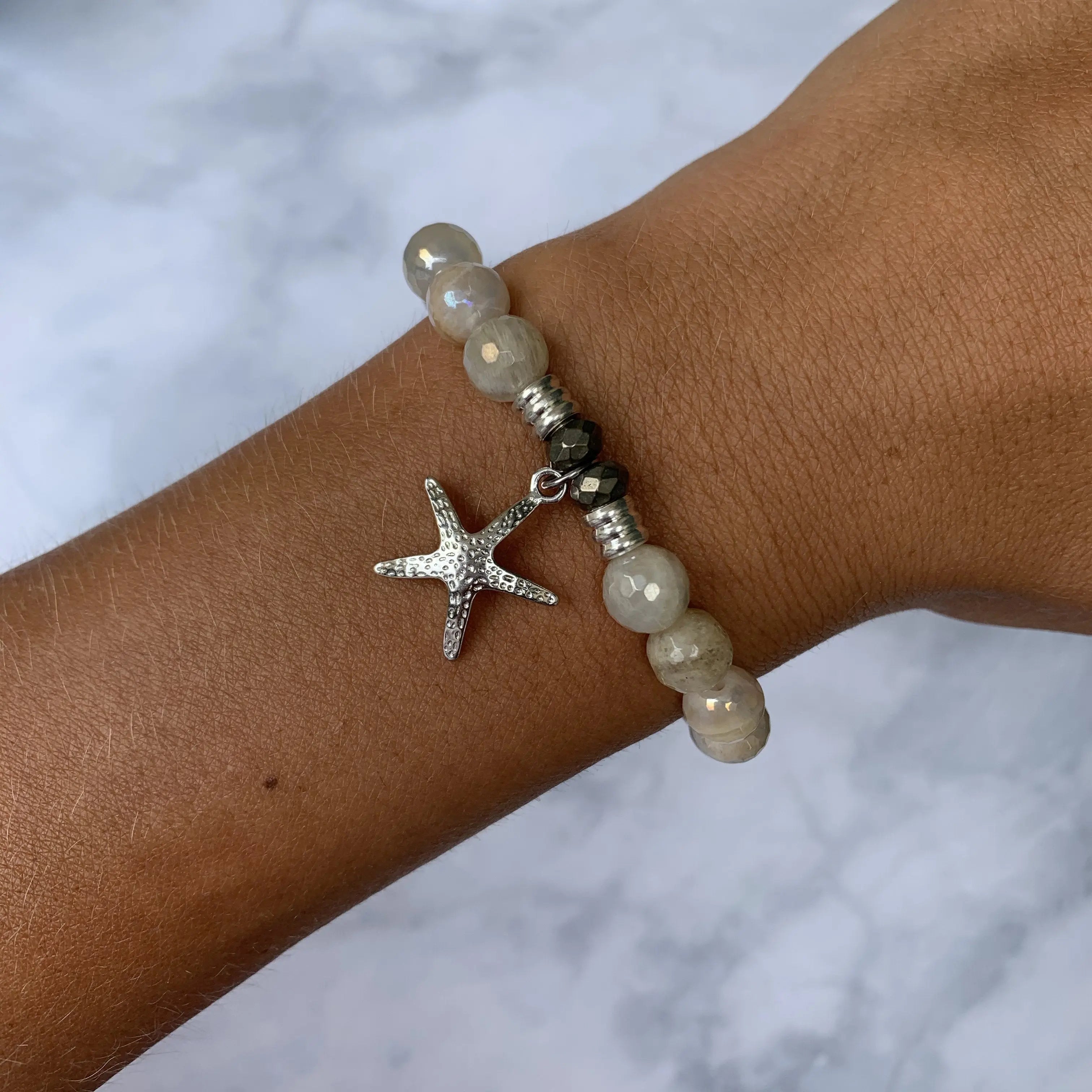 Moonstone Gemstone Bracelet with Starfish Sterling Silver Charm T. Jazelle