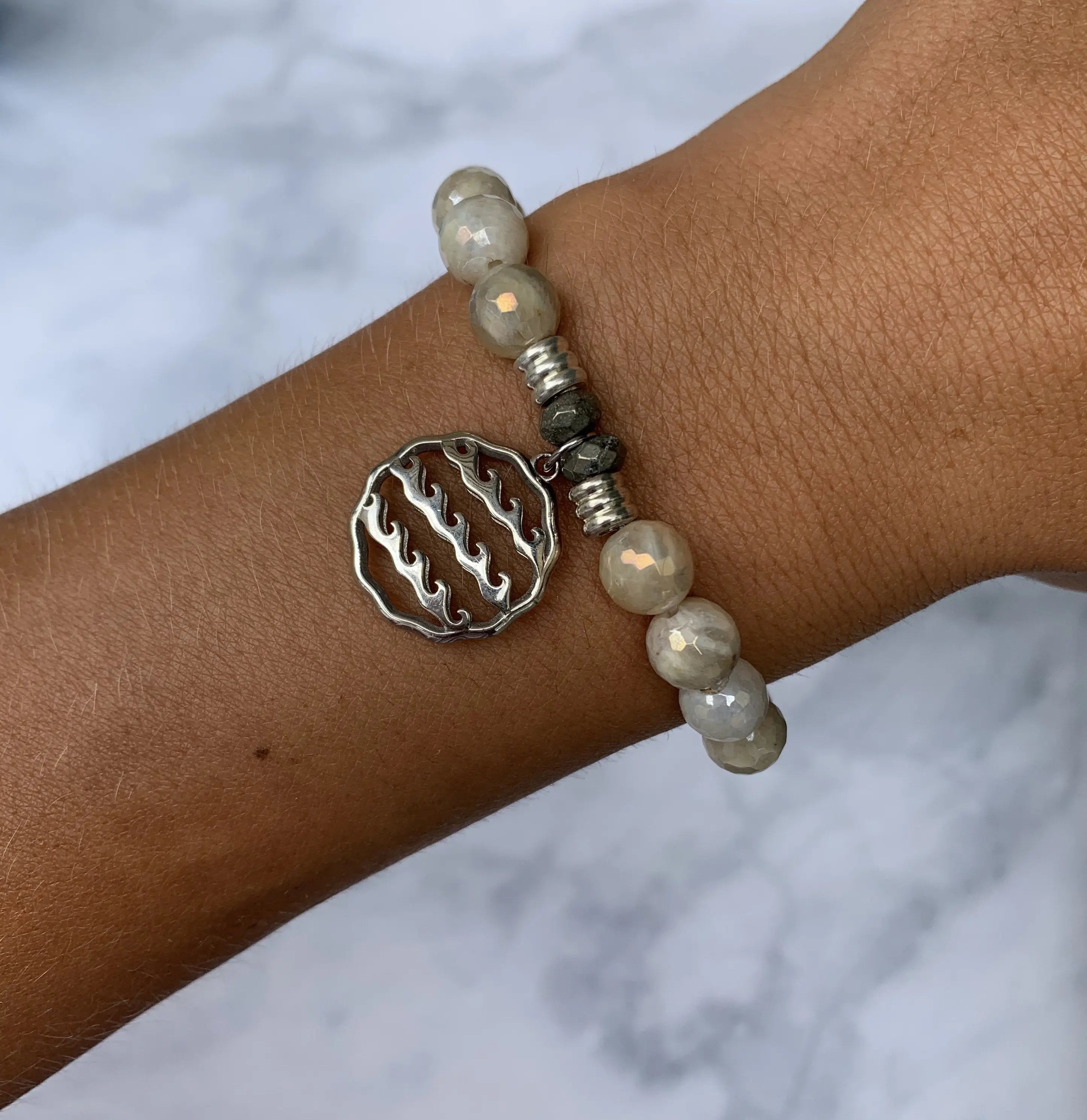 Moonstone Gemstone Bracelet with Waves of Life Sterling Silver Charm T. Jazelle