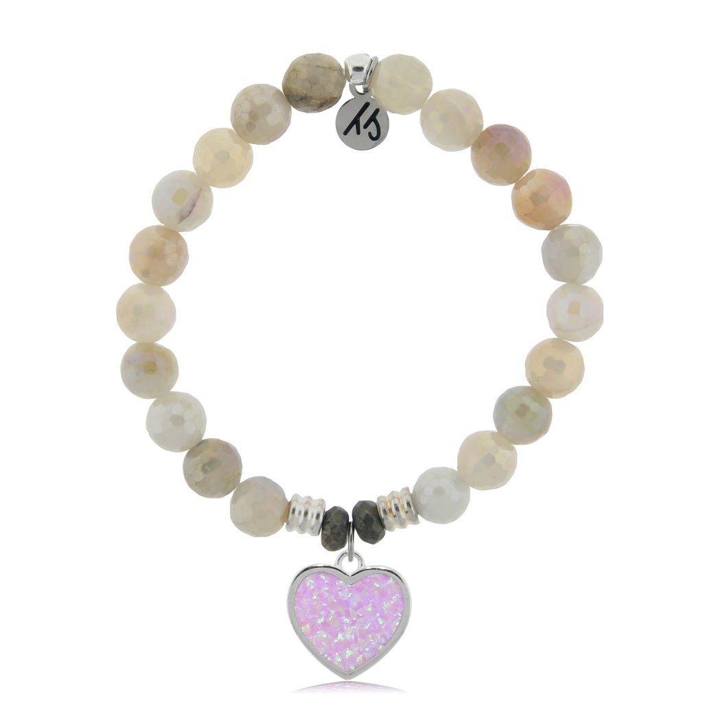 Moonstone Stone Bracelet with Pink Opal Heart Sterling Silver Charm
