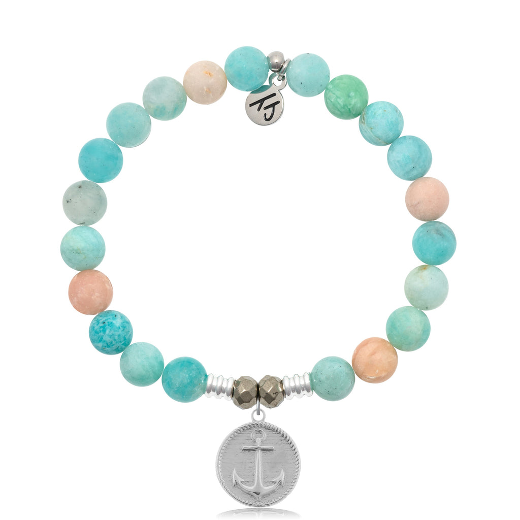 Multi Amazonite Stone Bracelet with Anchor Sterling Silver Charm