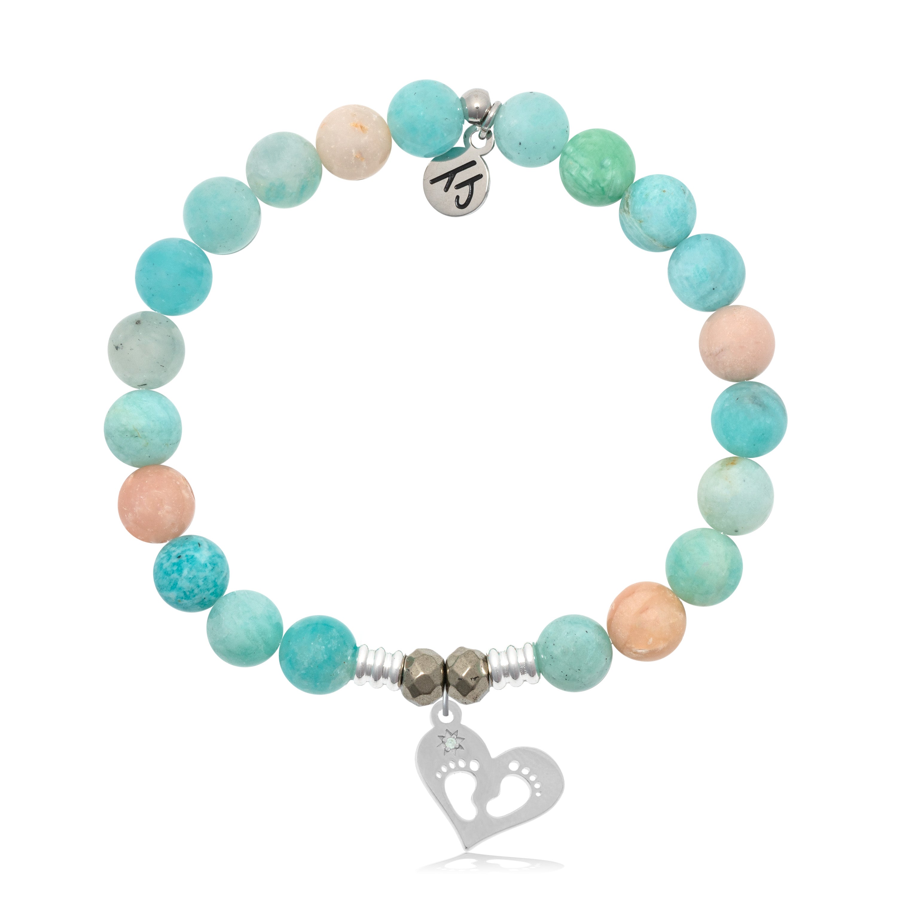 Multi Amazonite Stone Bracelet with Baby Feet Sterling Silver Charm
