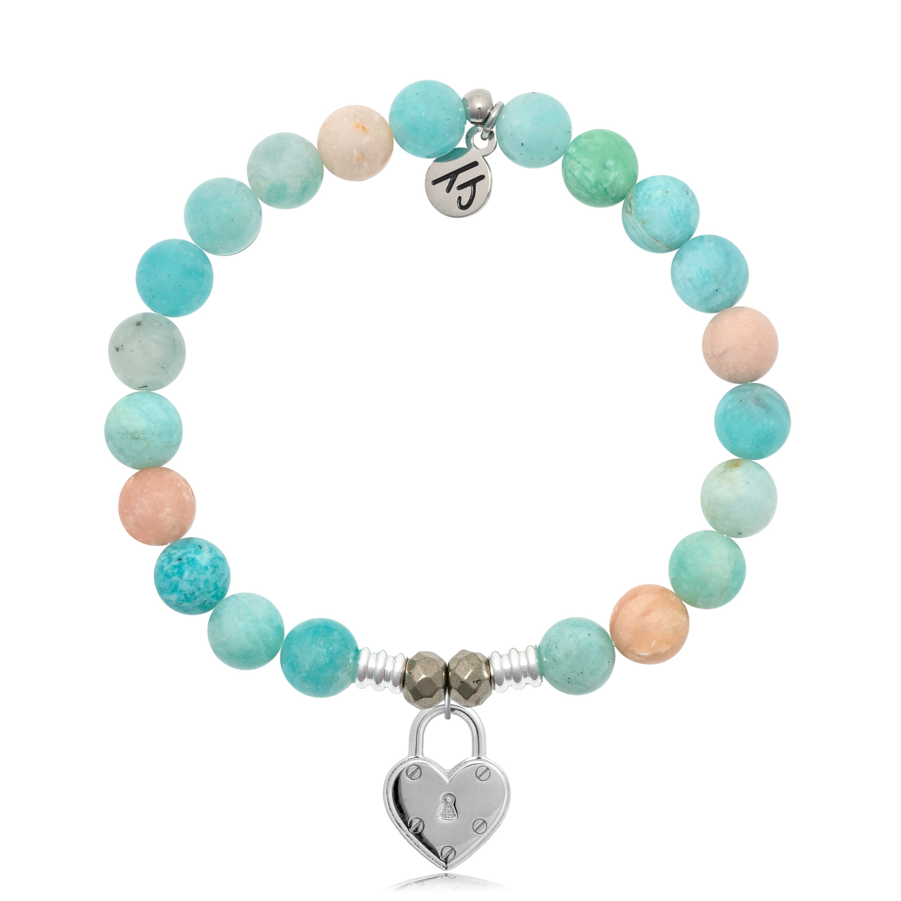 Multi Amazonite Stone Bracelet with Love Lock Sterling Silver Charm