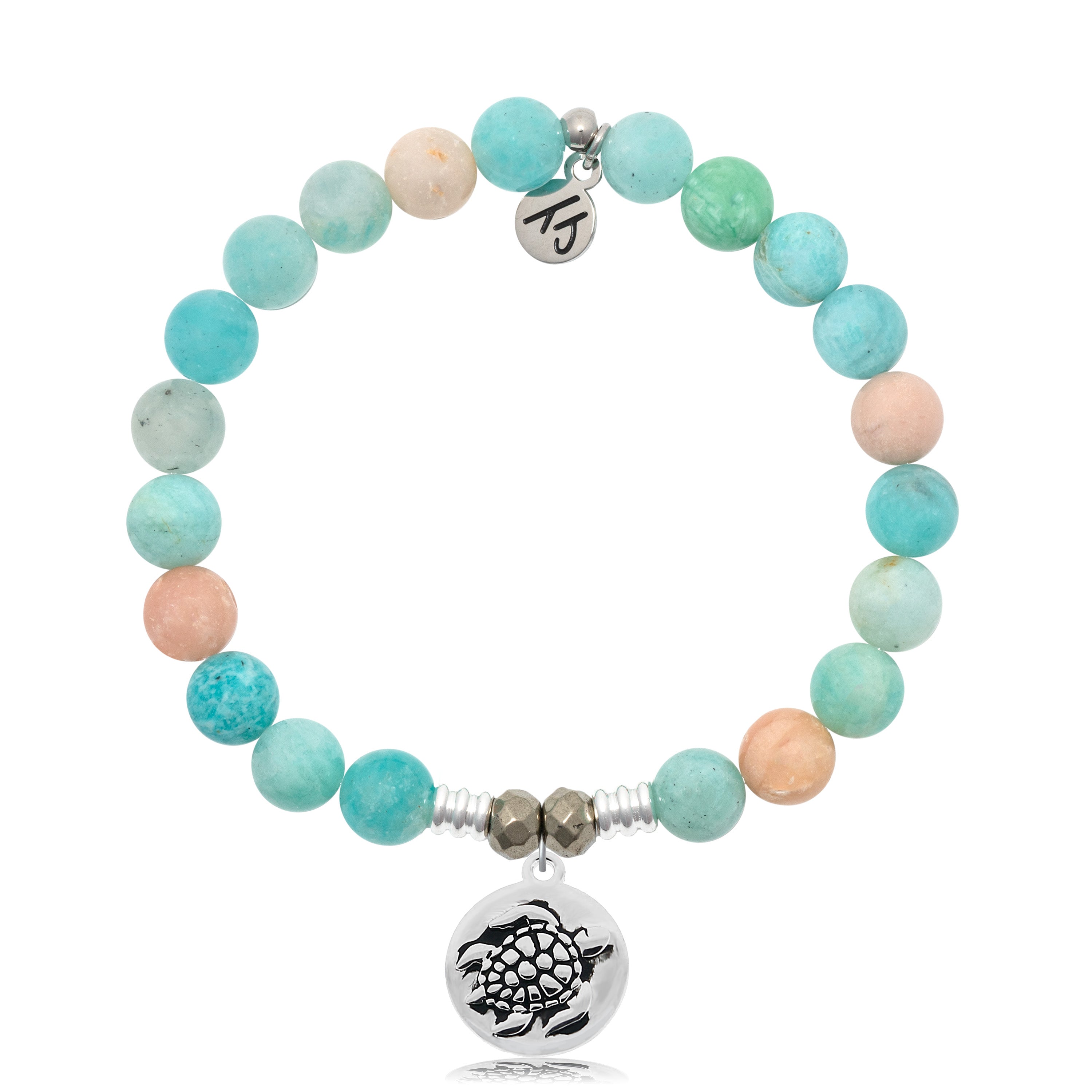 Multi Amazonite Stone Bracelet with Turtle Silver Charm