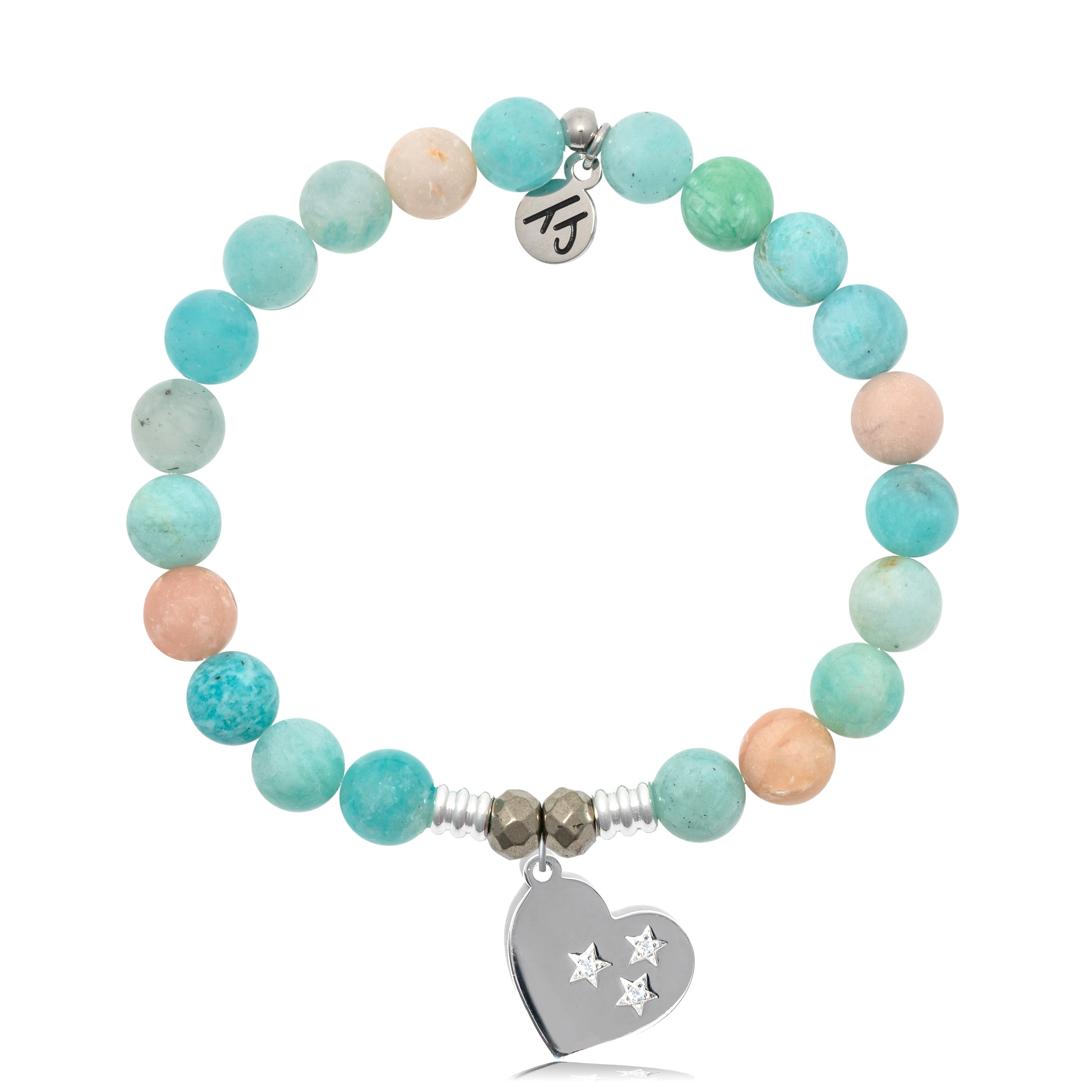 Multi Amazonite Stone Bracelet with Wishing Heart Silver Charm
