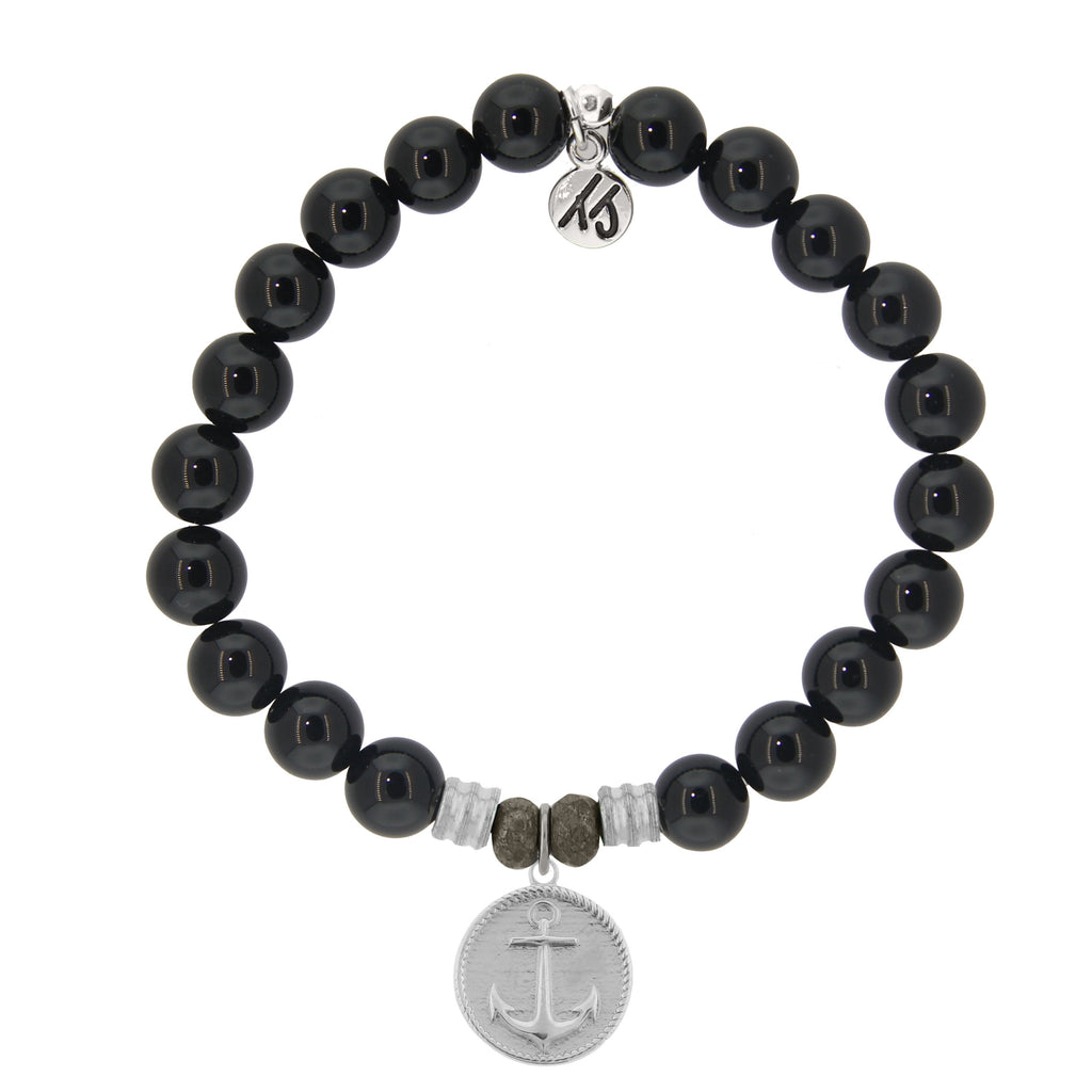 Onyx Stone Bracelet with Anchor Sterling Silver Charm