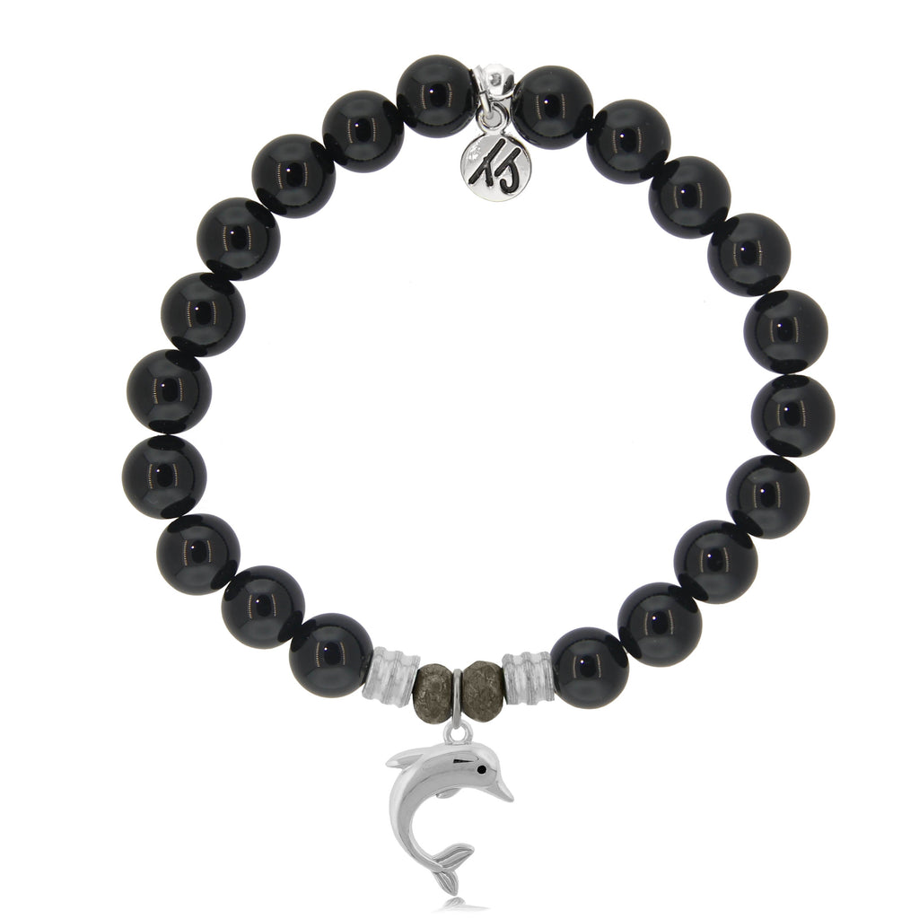 Onyx Stone Bracelet with Dolphin Sterling Silver Charm