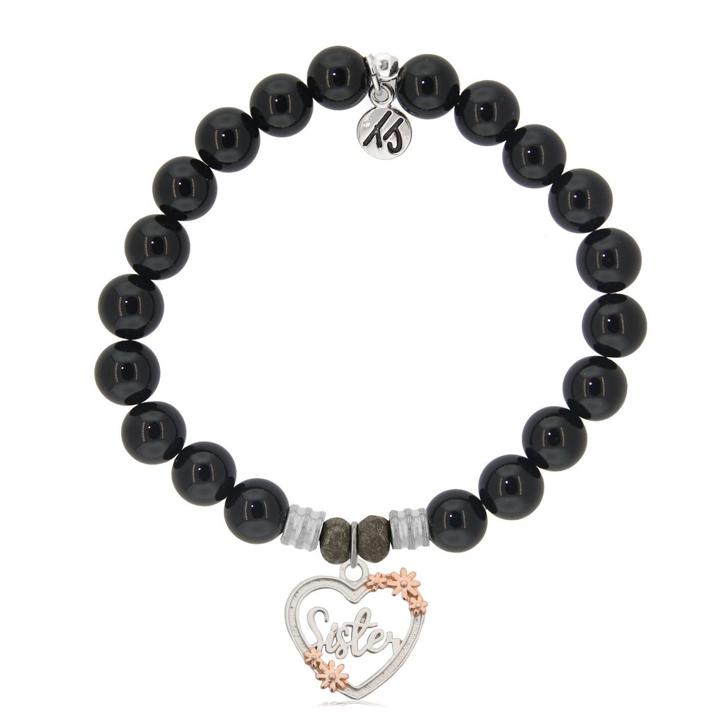 Onyx Stone Bracelet with Heart Sister Sterling Silver Charm