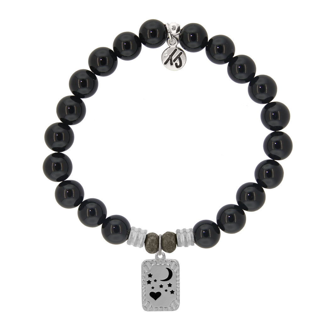 Onyx Stone Bracelet with Moon and Back Sterling Silver Charm