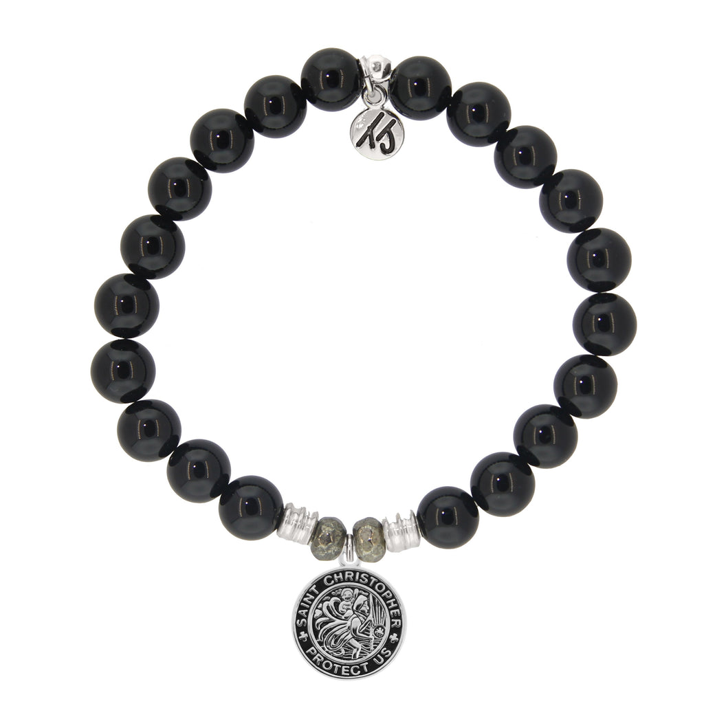 Onyx Stone Bracelet with Saint Christopher Sterling Silver Charm