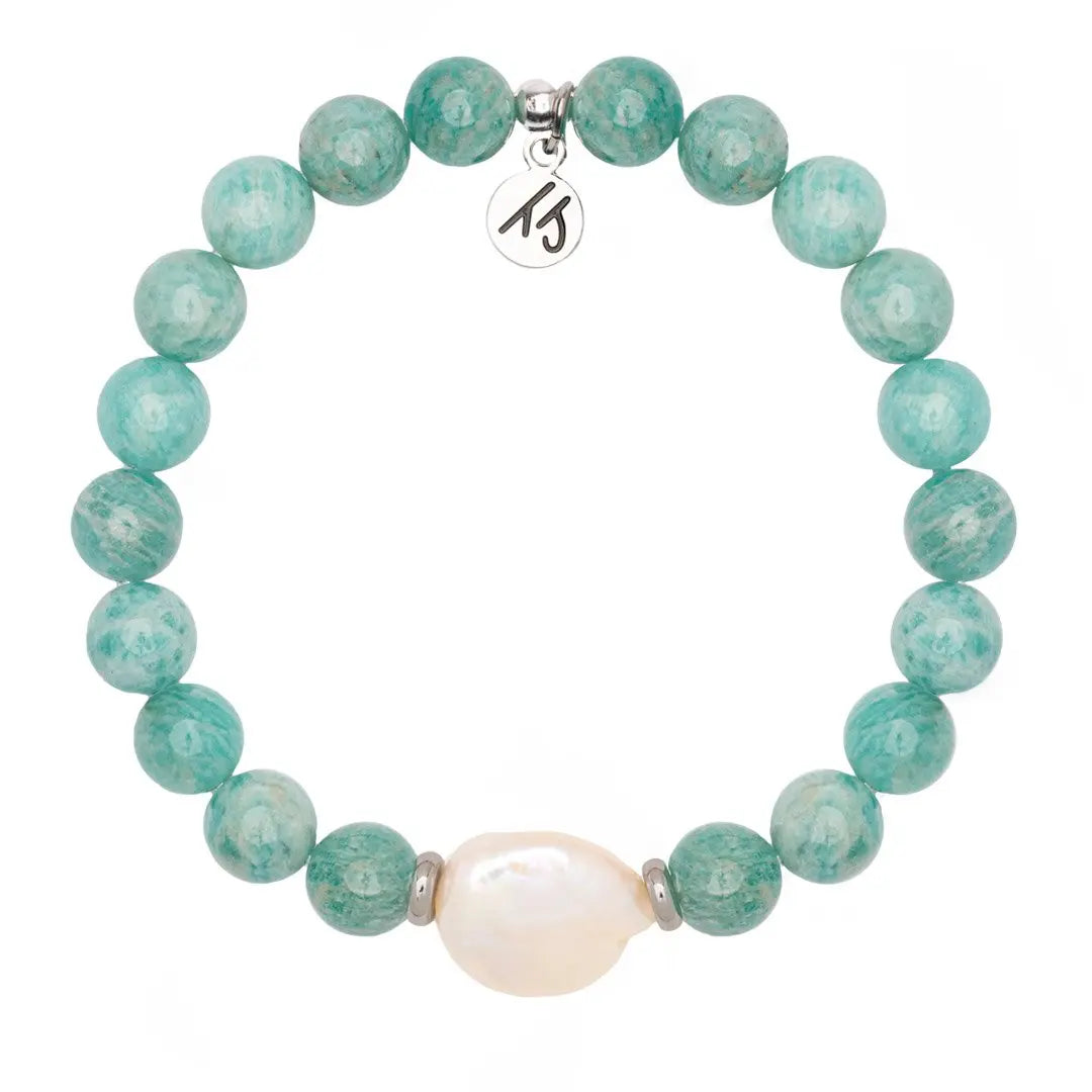 Peruvian Amazonite Gemstone with Pearl Coin Stacker Bracelet