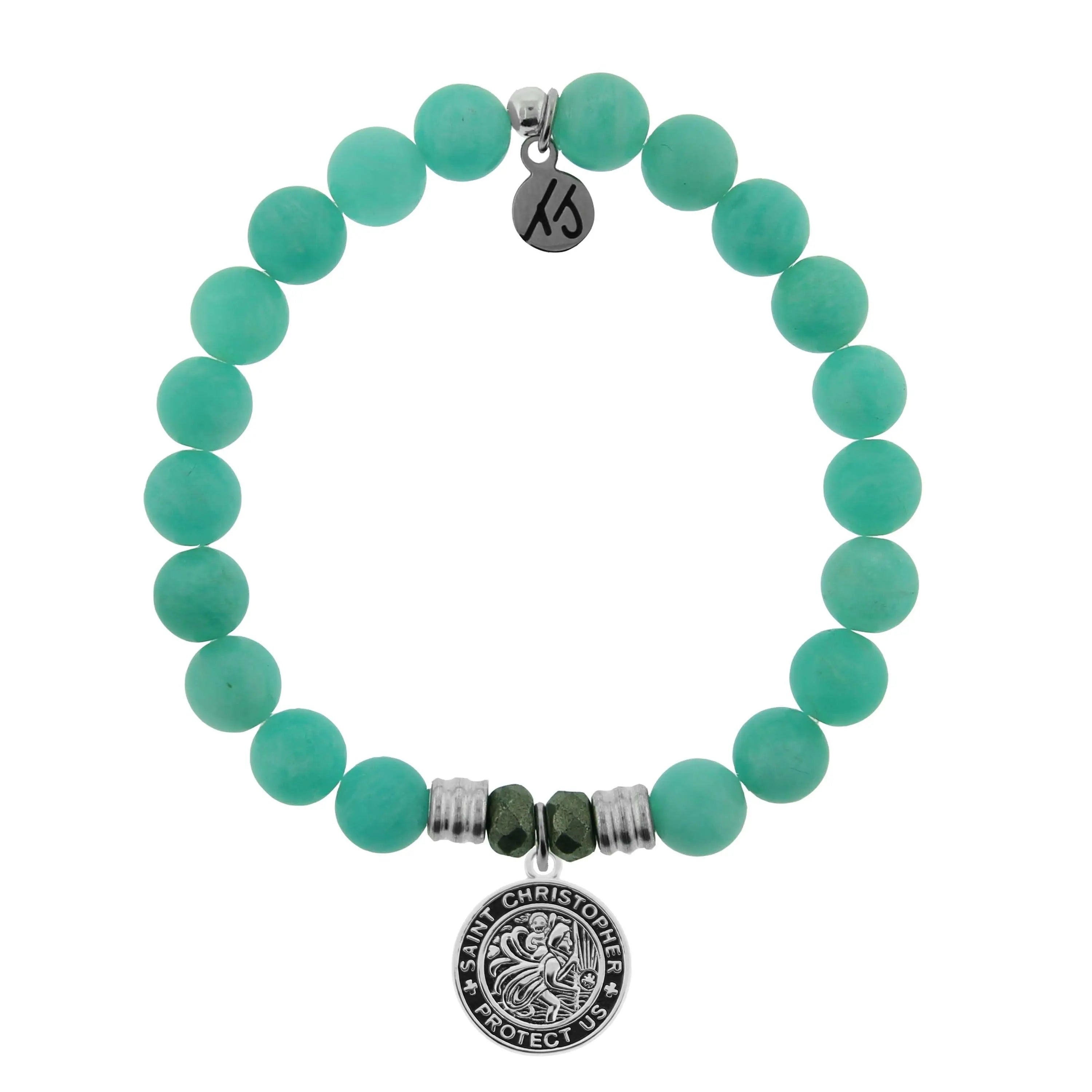 Peruvian Amazonite Stone Bracelet with Saint Christopher Sterling Silver Charm Tiffany Jazelle
