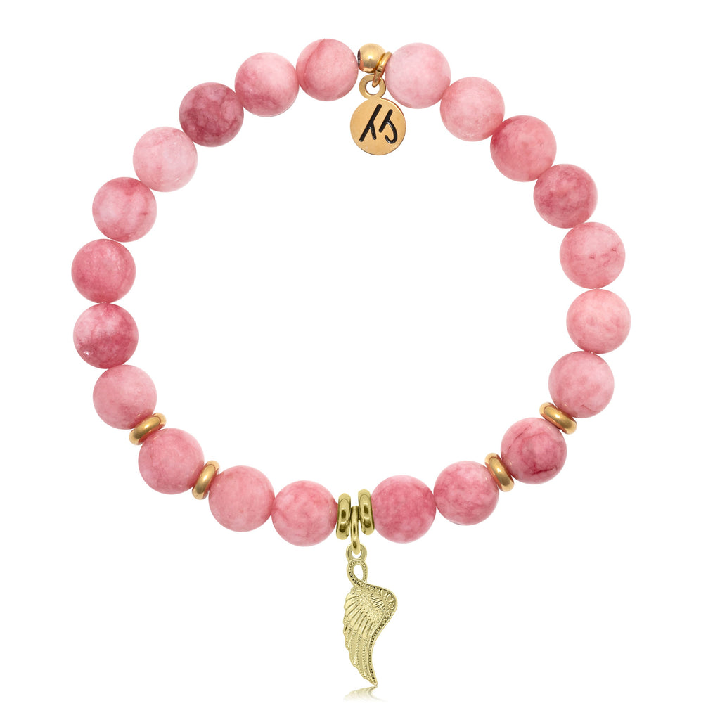 Pink Jade Stone Bracelet with Angel Blessings Gold Charm