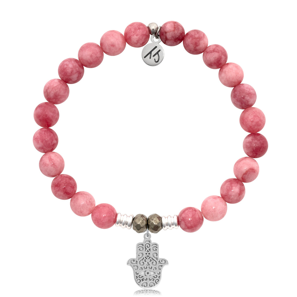 Pink Jade Stone Bracelet with Hamsa Sterling Silver Charm