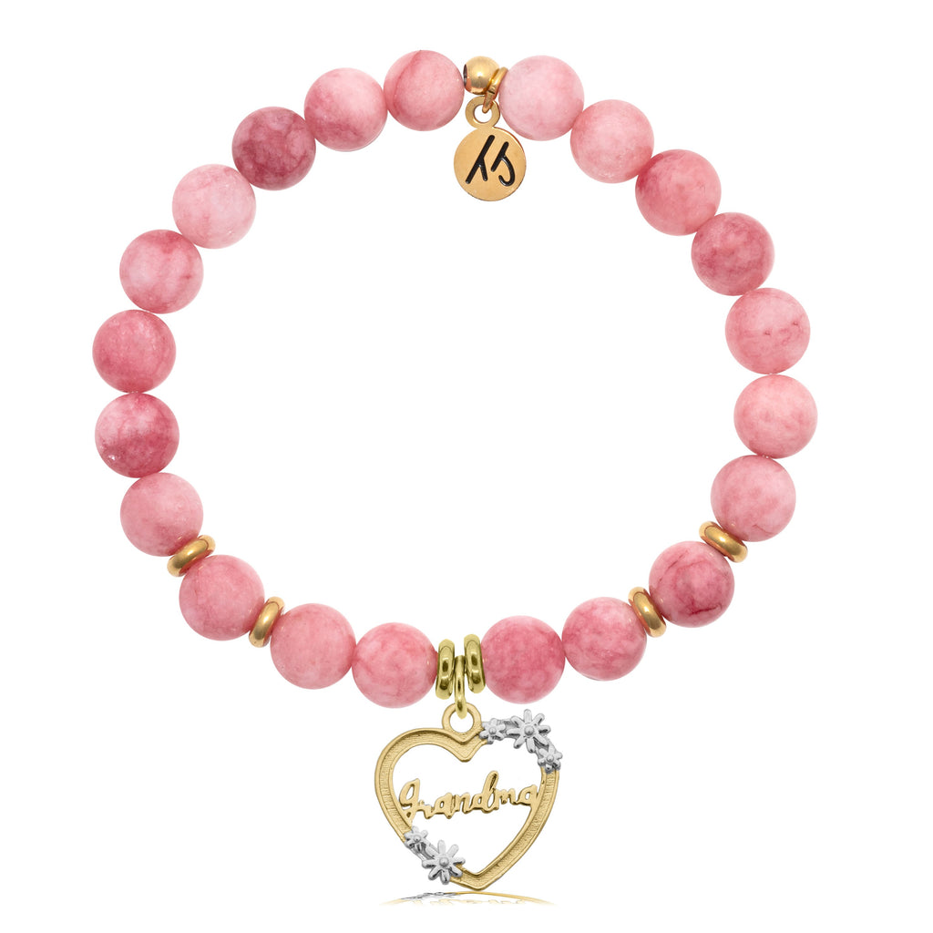Pink Jade Stone Bracelet with Heart Grandma Gold Charm