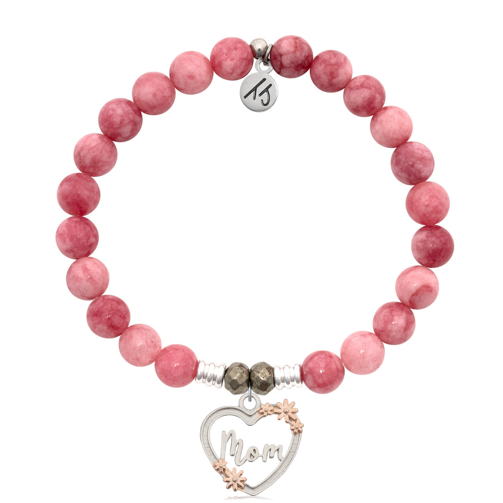 Pink Jade Stone Bracelet with Heart Mom Sterling Silver Charm