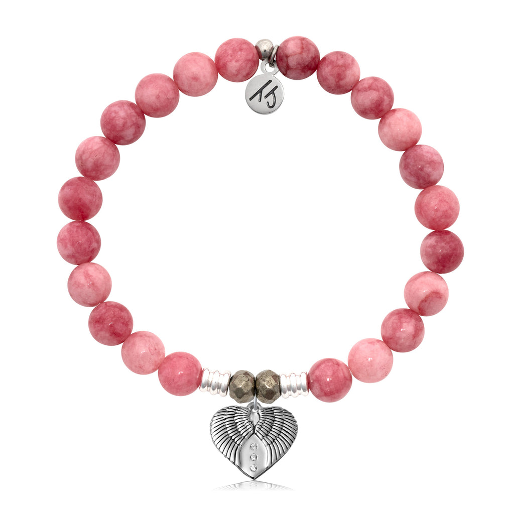 Pink Jade Stone Bracelet with Heart of Angels Sterling Silver Charm