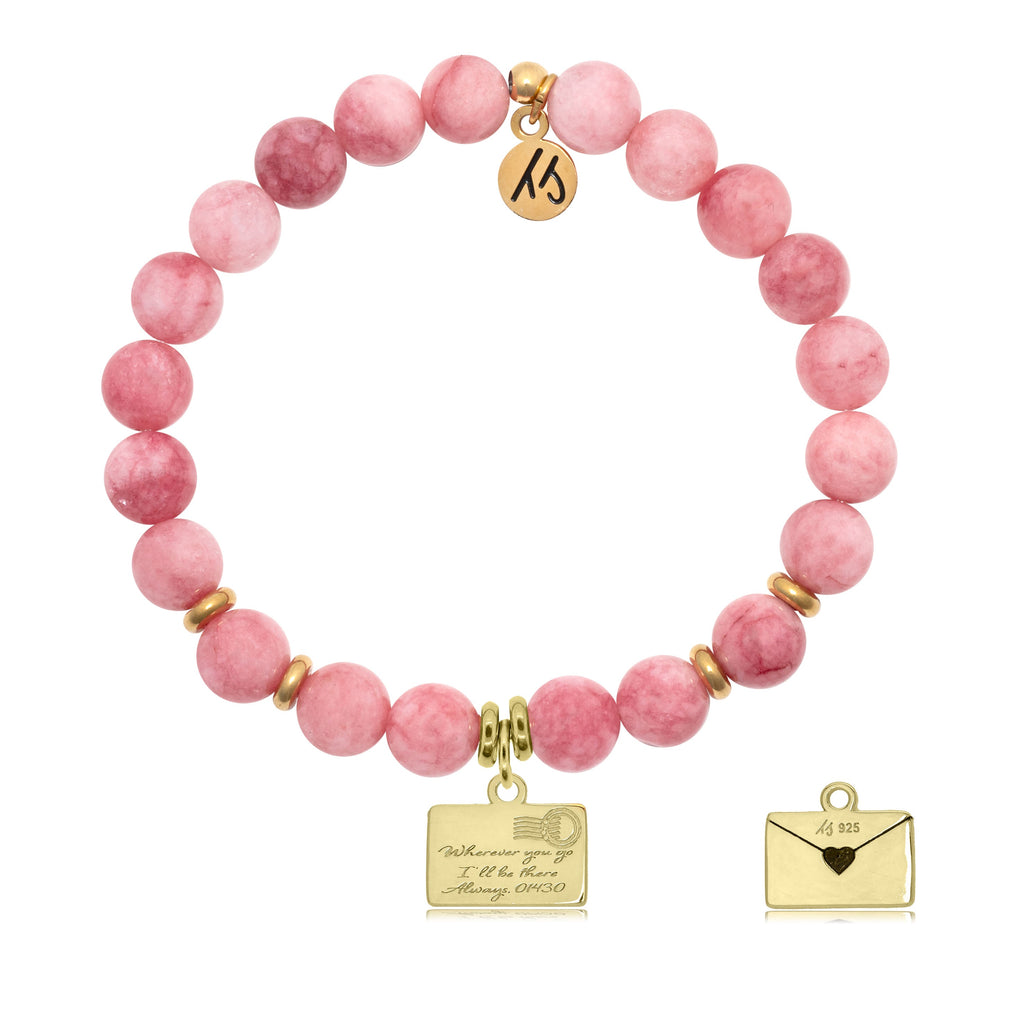 Pink Jade Stone Bracelet with Love Letter Gold Charm