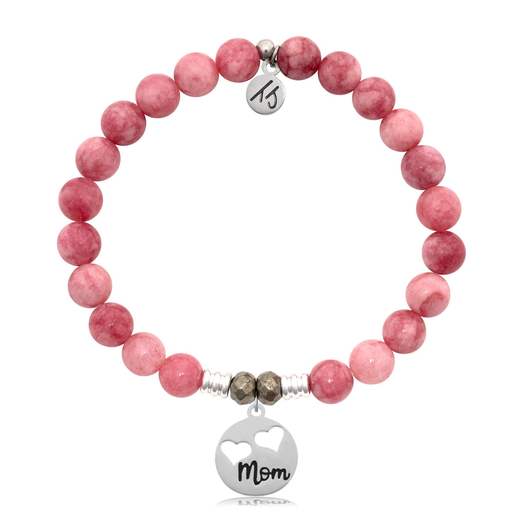 Pink Jade Stone Bracelet with Mom Hearts Sterling Silver Charm