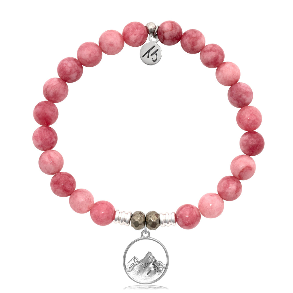 Pink Jade Stone Bracelet with Mountain Cutout Sterling Silver Charm