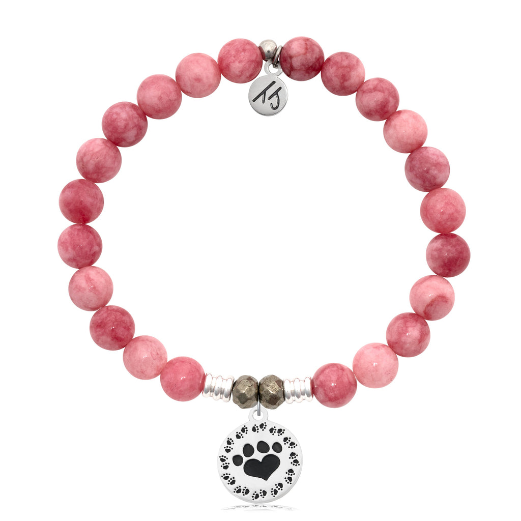 Pink Jade Stone Bracelet with Paw Print Sterling Silver Charm