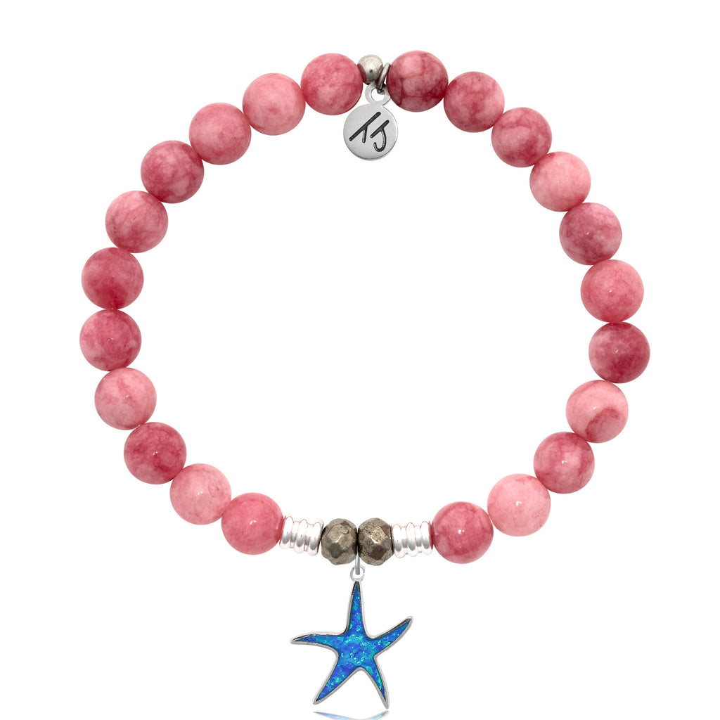 Pink Jade Stone Bracelet with Star of the Sea Sterling Silver Charm