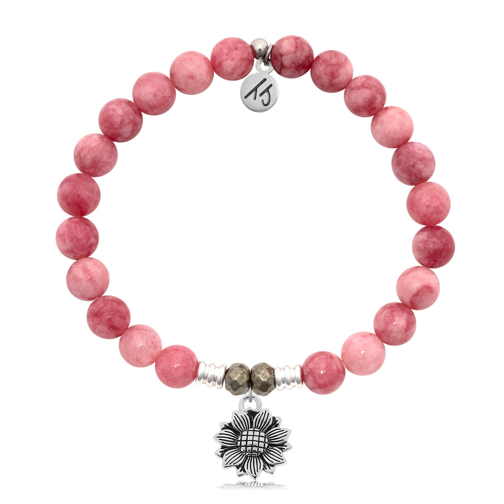 Pink Jade Stone Bracelet with Sunflower Sterling Silver Charm
