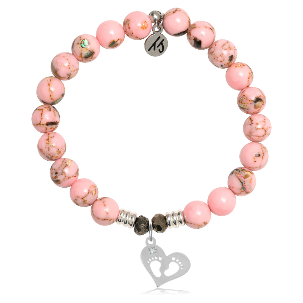 Pink Shell Stone Bracelet with Baby Feet Sterling Silver Charm