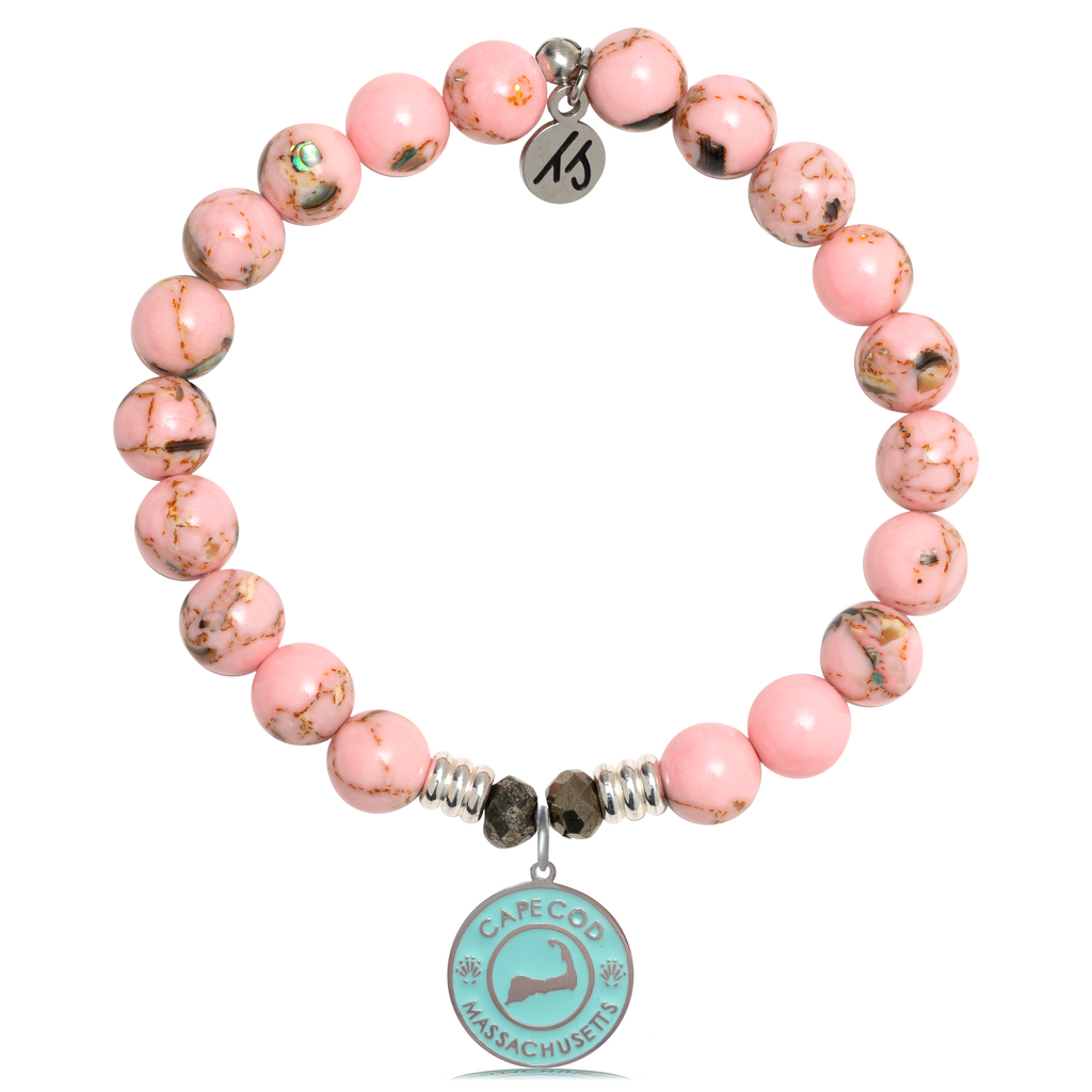 Pink Shell Stone Bracelet with Cape Cod Enamel Sterling Silver Charm