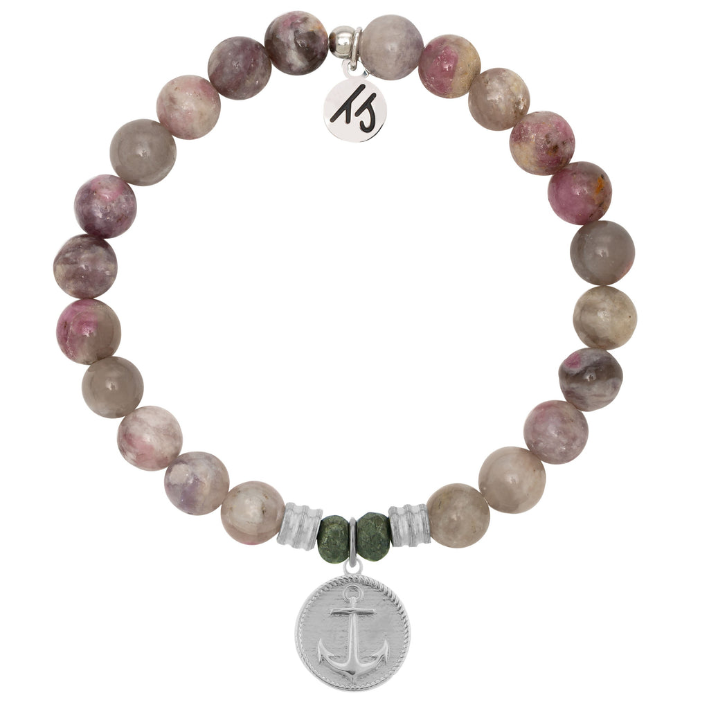 Pink Tourmaline Stone Bracelet with Anchor Sterling Silver Charm