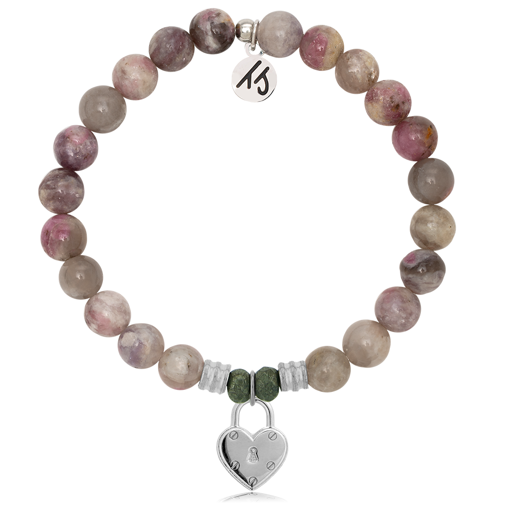 Pink Tourmaline Stone Bracelet with Love Lock Sterling Silver Charm