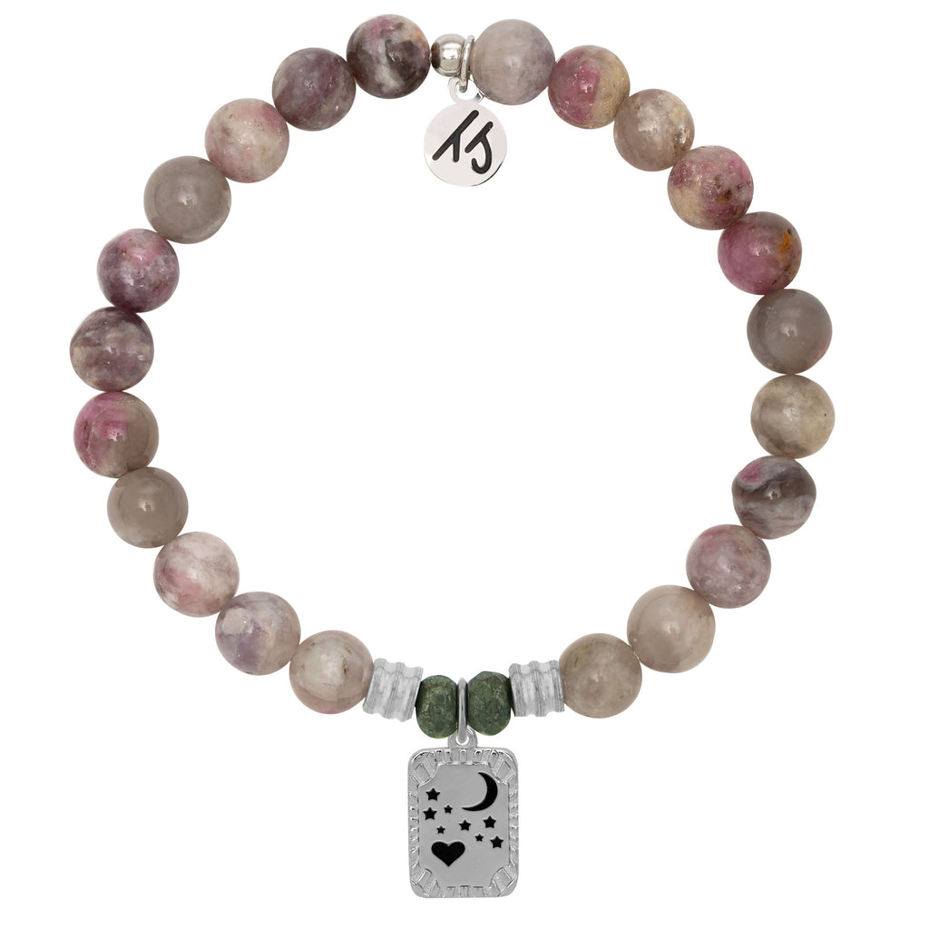 Pink Tourmaline Stone Bracelet with Moon and Back Sterling Silver Charm