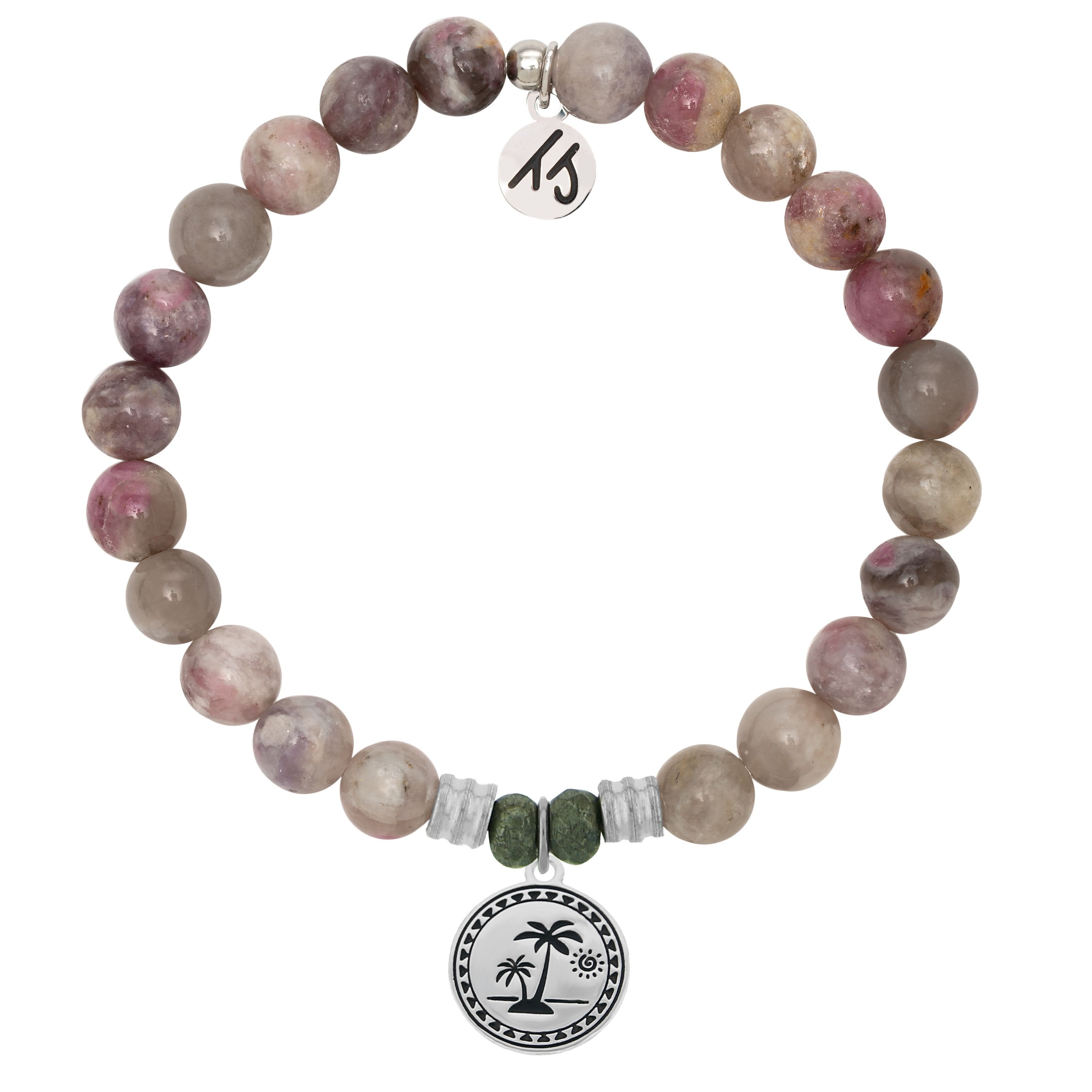 Pink Tourmaline Stone Bracelet with Palm Tree Sterling Silver Charm