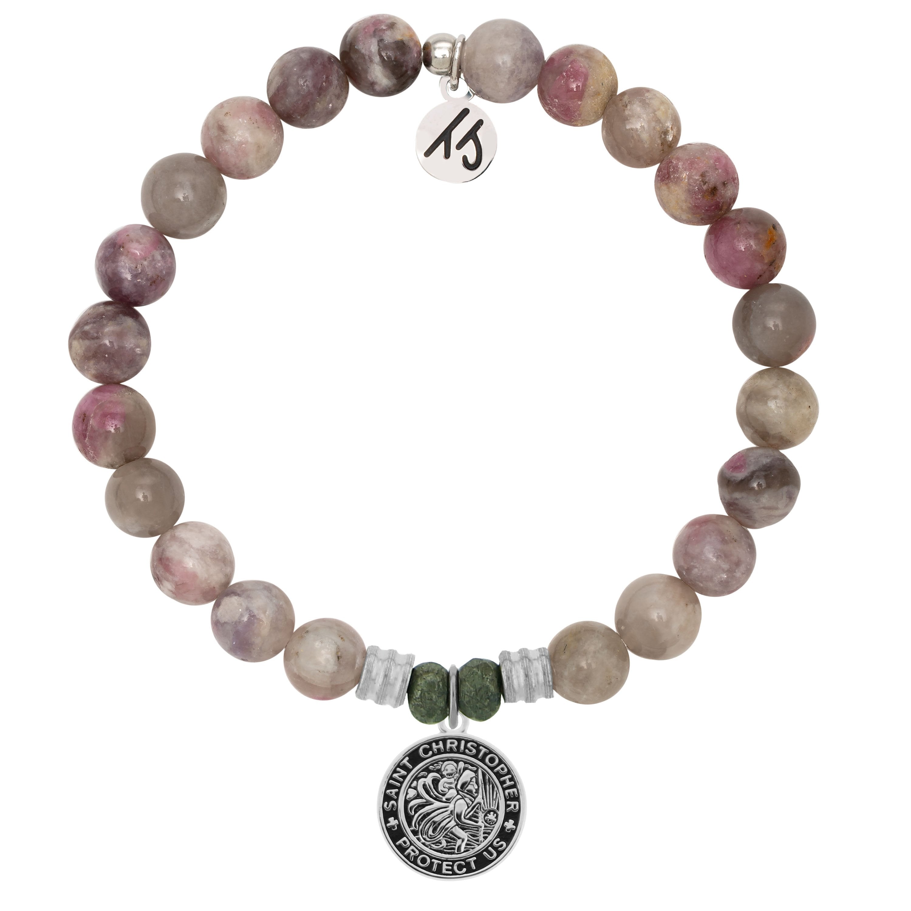 Pink Tourmaline Stone Bracelet with Saint Christopher Sterling Silver Charm