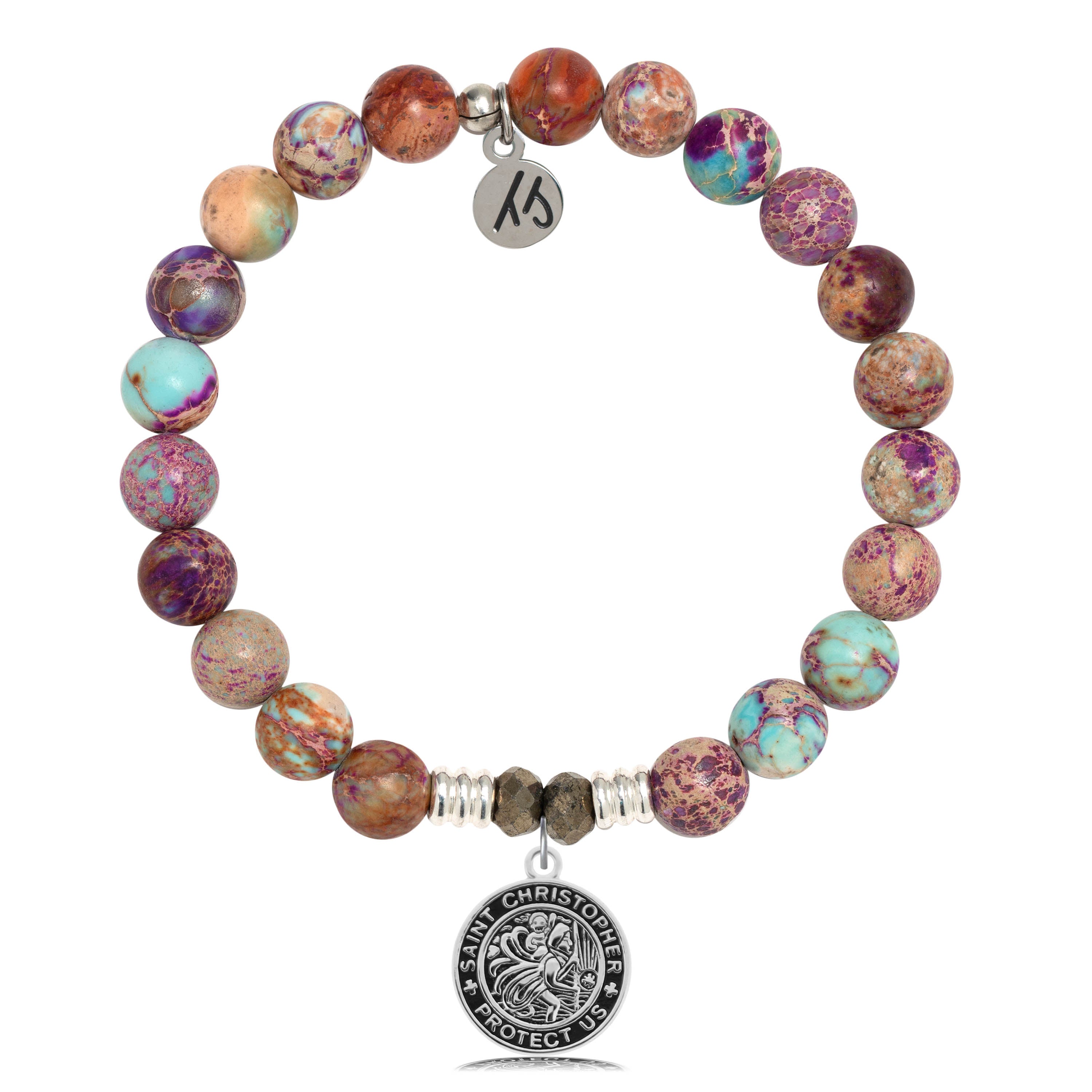 Purple Jasper Stone Bracelet with Saint Christopher Sterling Silver Charm