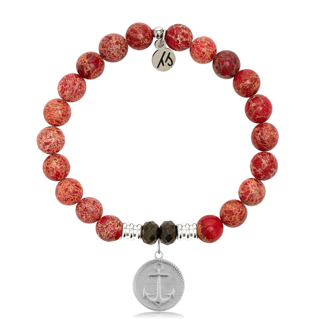Red Jasper Stone Bracelet with Anchor Sterling Silver Charm