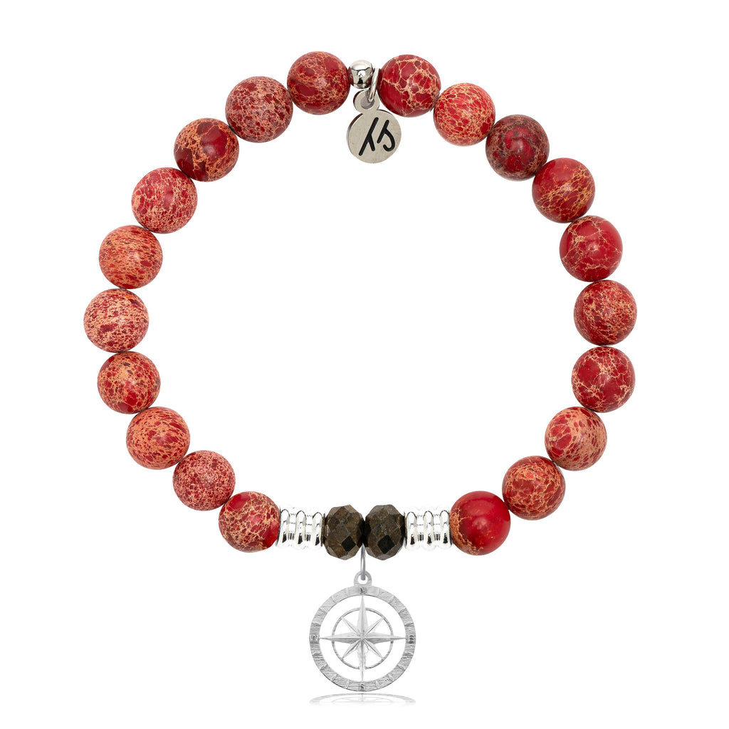 Red Jasper Stone Bracelet with Compass Rose Sterling Silver Charm