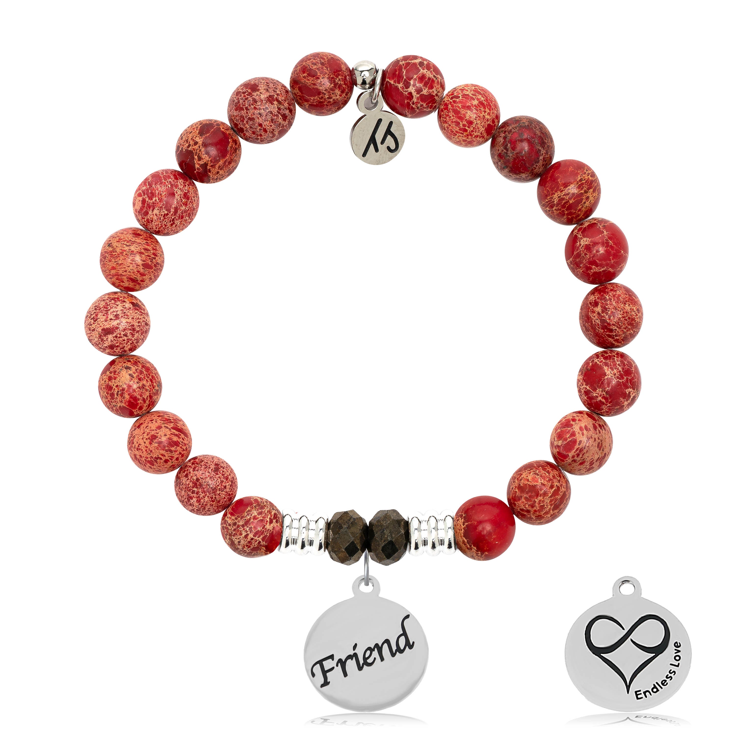 Red Jasper Stone Bracelet with Friend Sterling Silver Charm