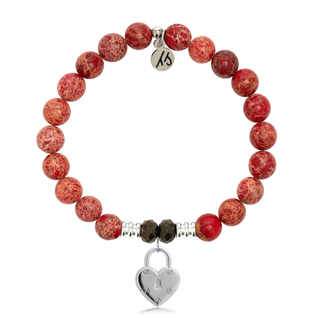 Red Jasper Stone Bracelet with Love Lock Sterling Silver Charm
