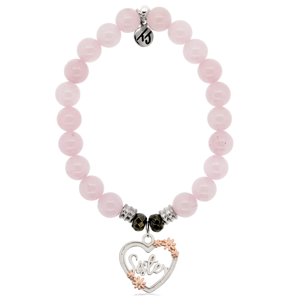 Rose Quartz Stone Bracelet with Heart Sister Sterling Silver Charm