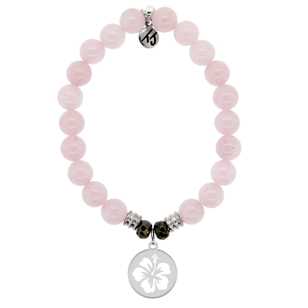 Rose Quartz Stone Bracelet with Hibiscus Flower Sterling Silver Charm