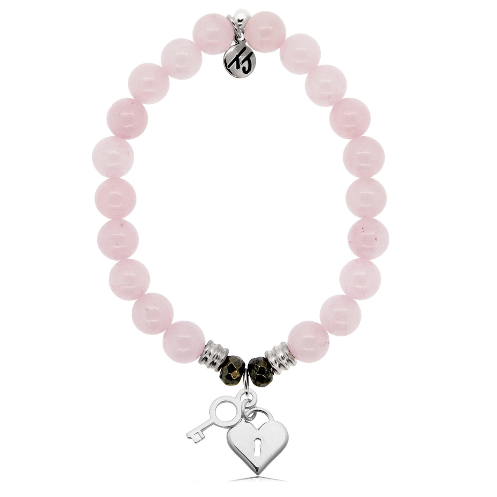 Rose Quartz Stone Bracelet with Key to my Heart Sterling Silver Charm